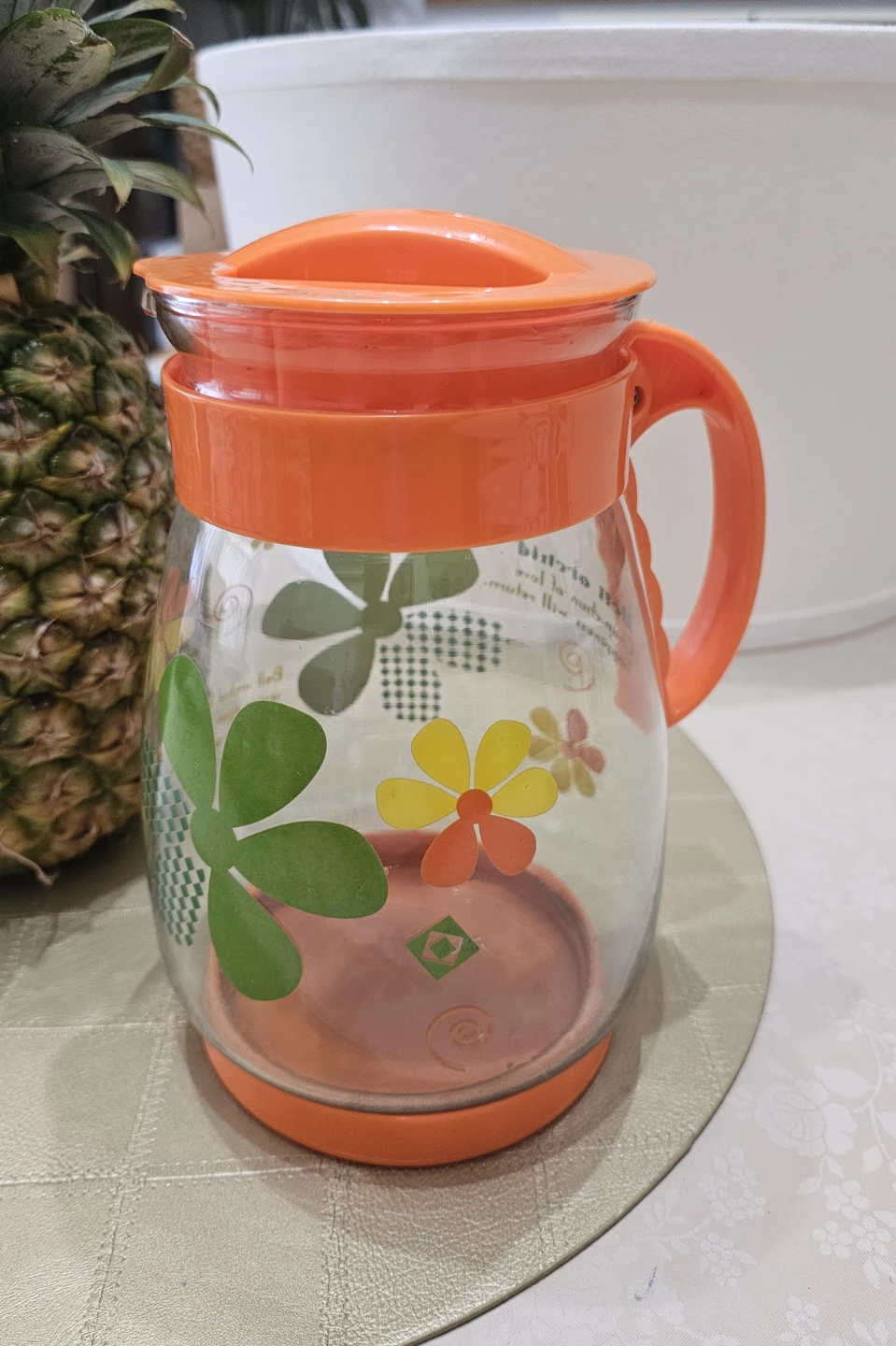 Orange Floral Glass Pitcher