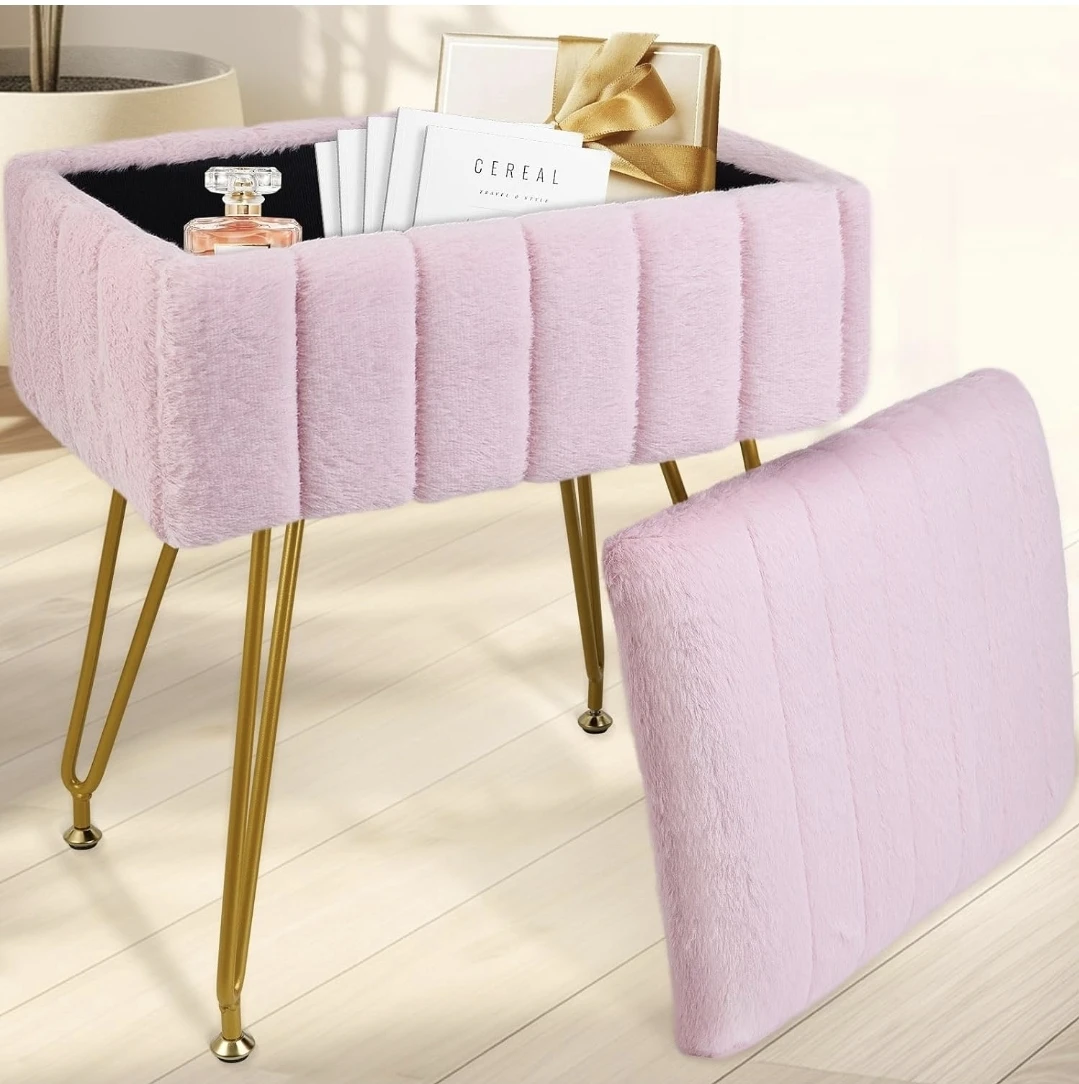 Pink Faux Fur Storage Ottoman Footstool