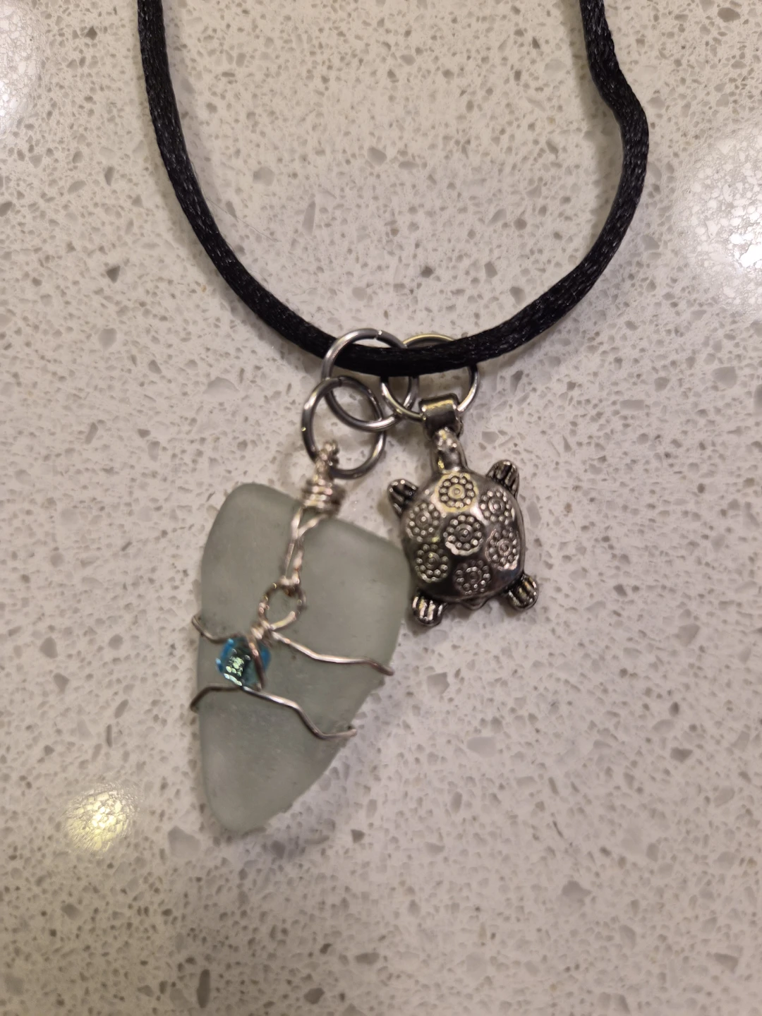 Sea Glass and Turtle Charm Necklace