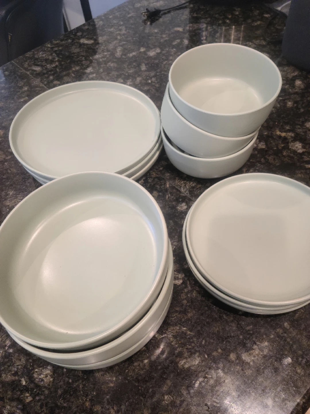 Set of 3 Light Green Stoneware Bowls and Plates