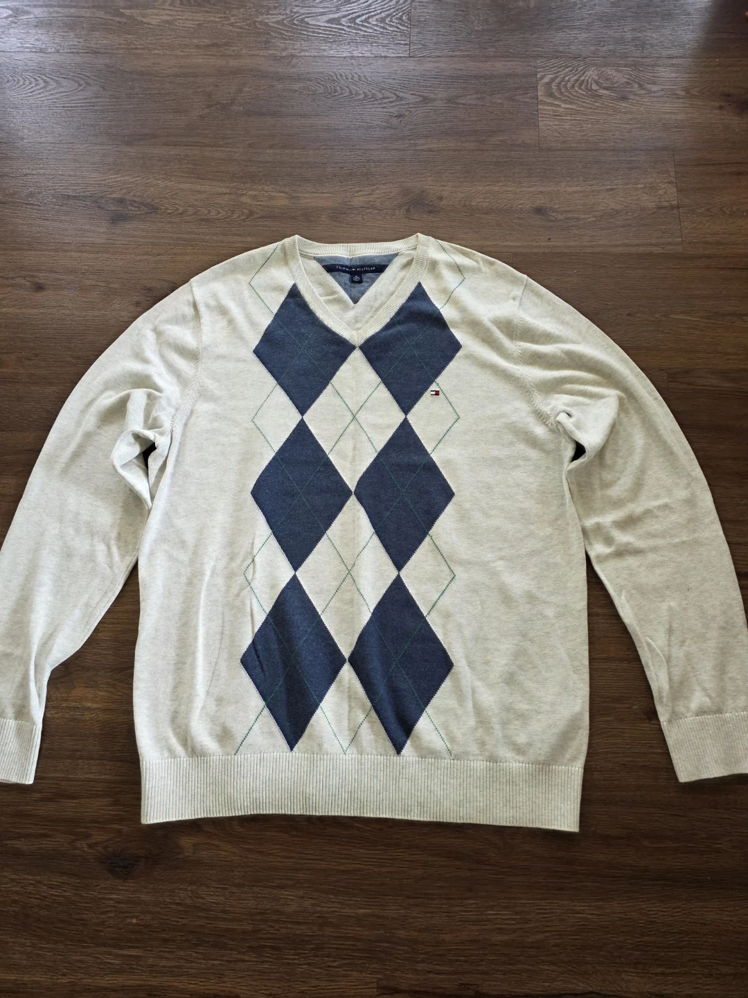 Tommy Hilfiger Argyle V-Neck Sweater XL 100% Cotton