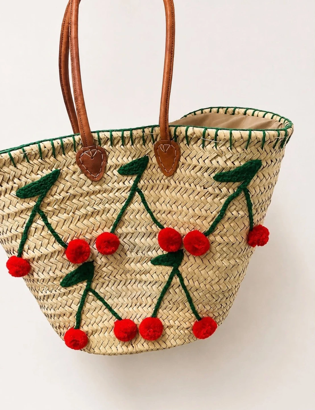Handwoven Straw Tote Bag, Cherry Embroidered