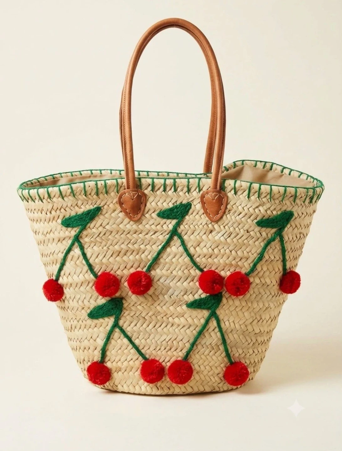 Handwoven Straw Tote Bag, Cherry Embroidered - photo 2