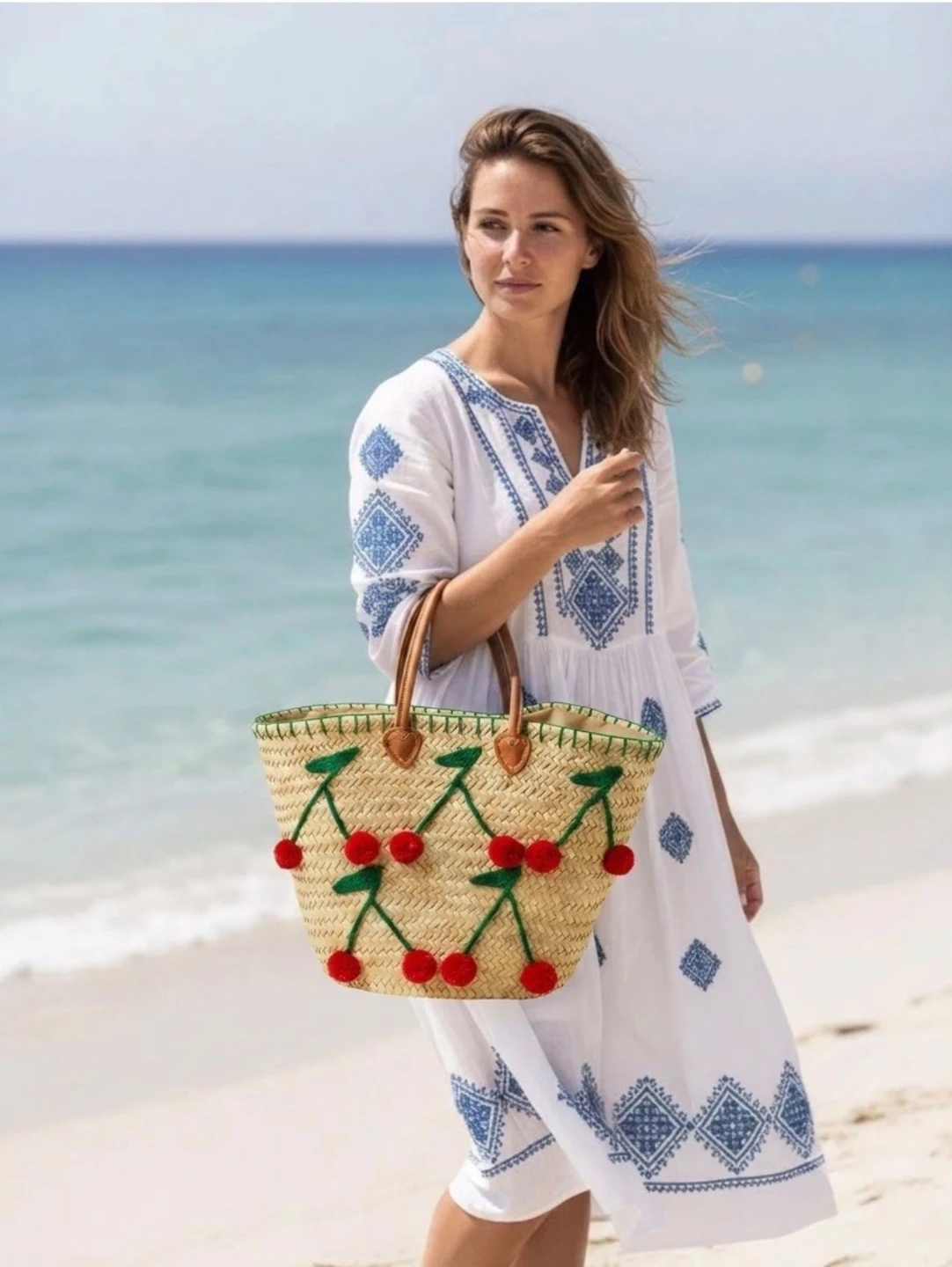 Handwoven Straw Tote Bag, Cherry Embroidered - photo 4