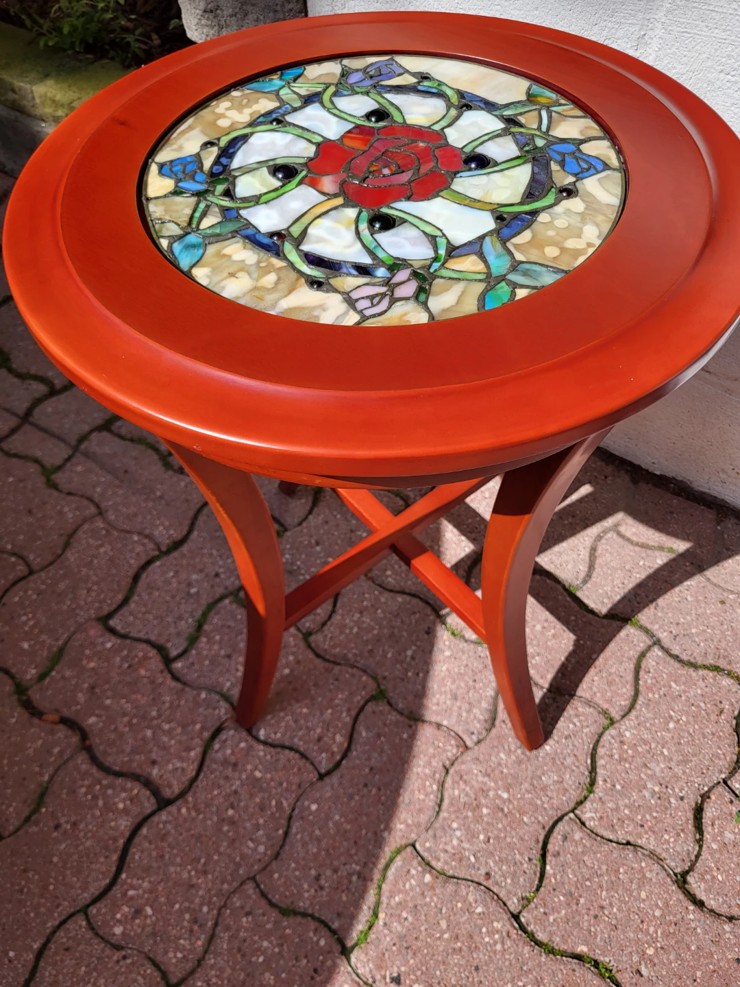 Orange Accent Table with Stained Glass Top