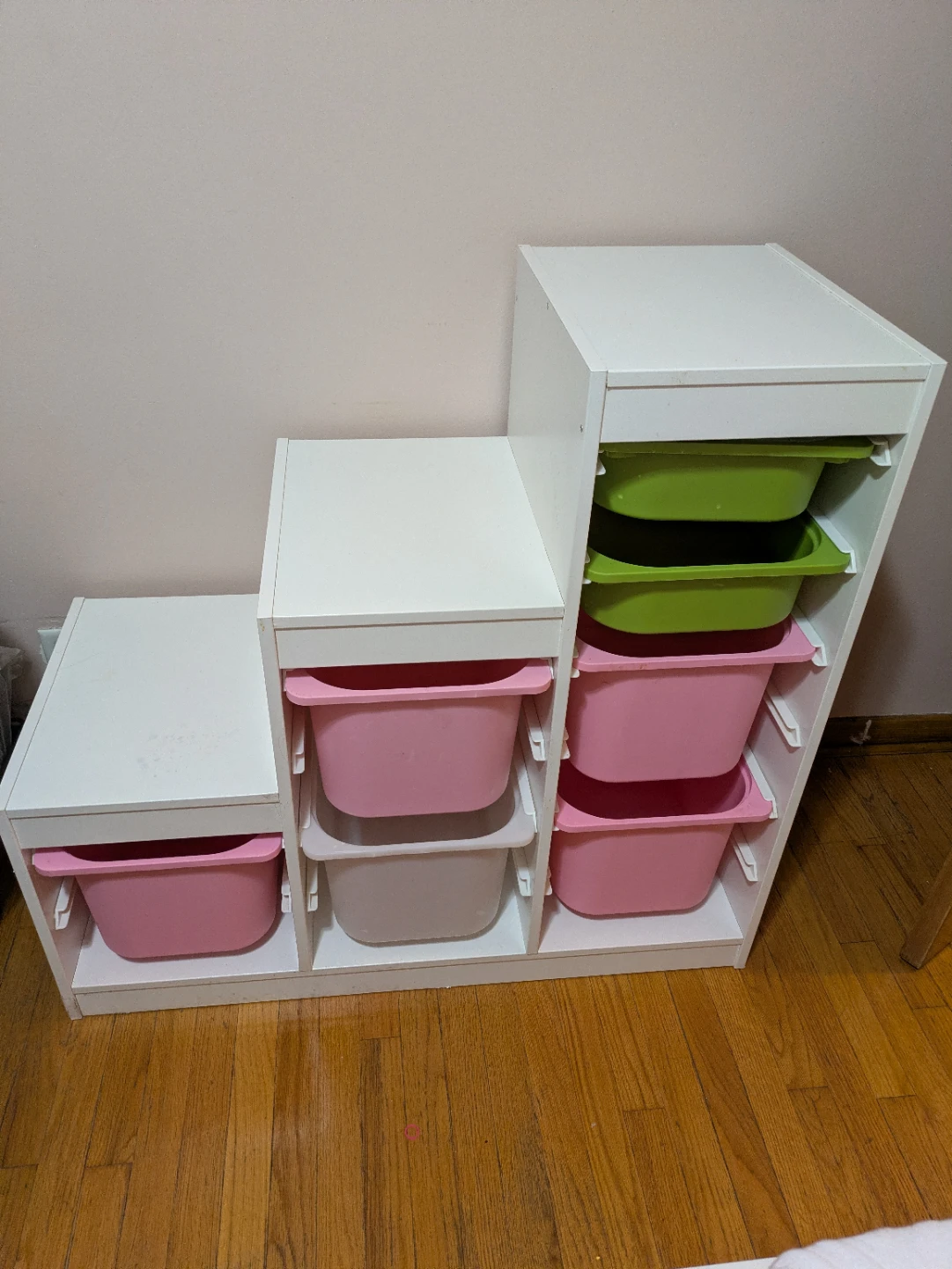 White Trofast Storage Unit with Pink, Green & Black Bins