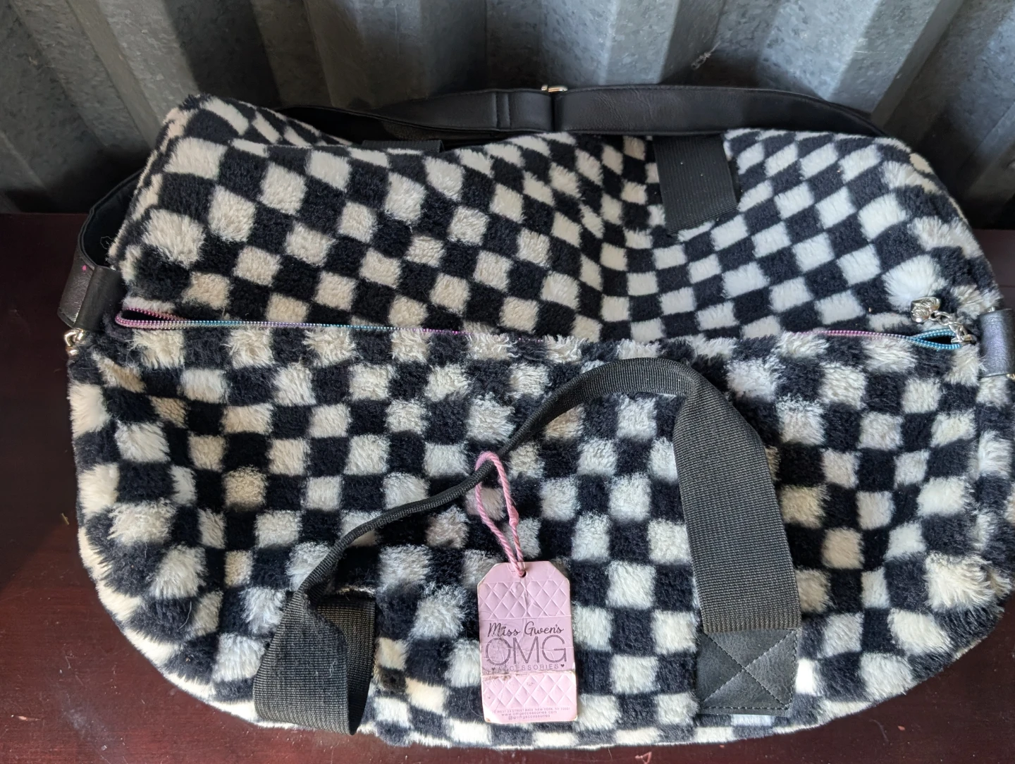 Miss Queeny OMG Faux Fur Checkerboard Duffel Bag - photo 4