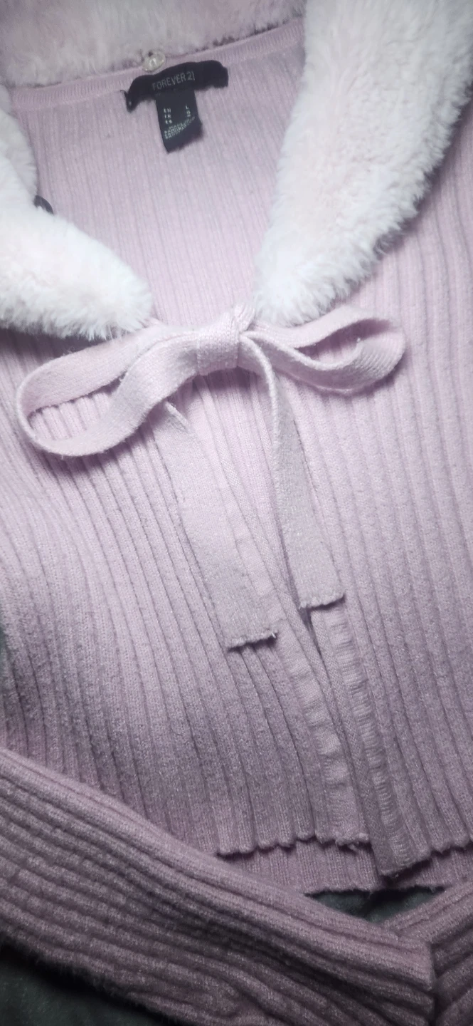 Pink Ribbed Cardigan with Fur Collar - photo 2