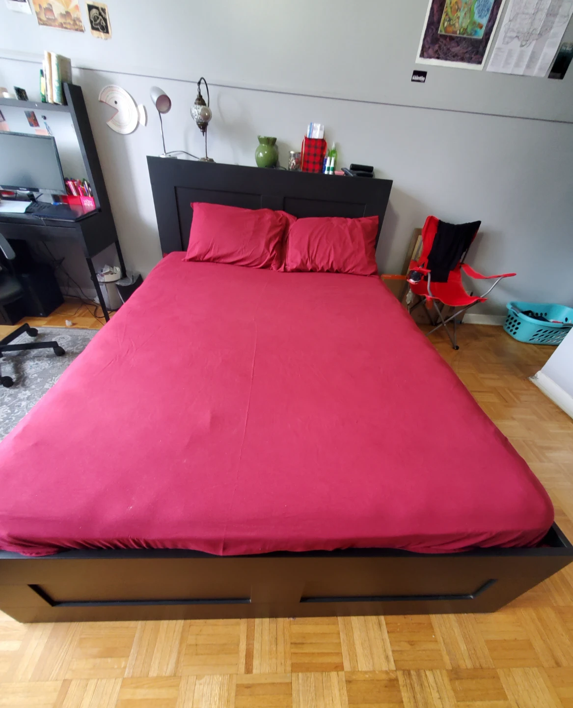 Black Wooden Bed Frame with Headboard Storage