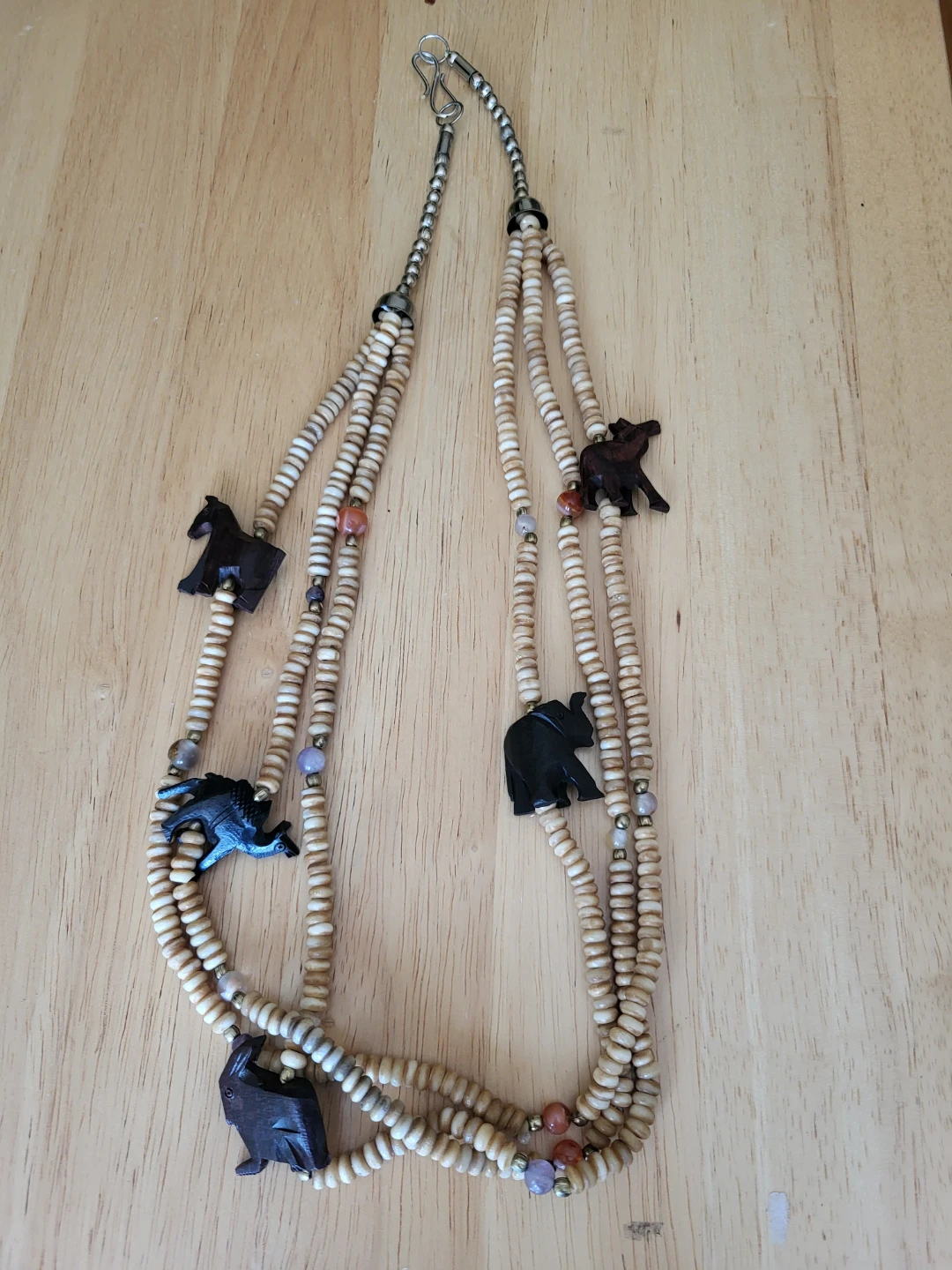 Vintage Beaded Necklace with Carved Animals