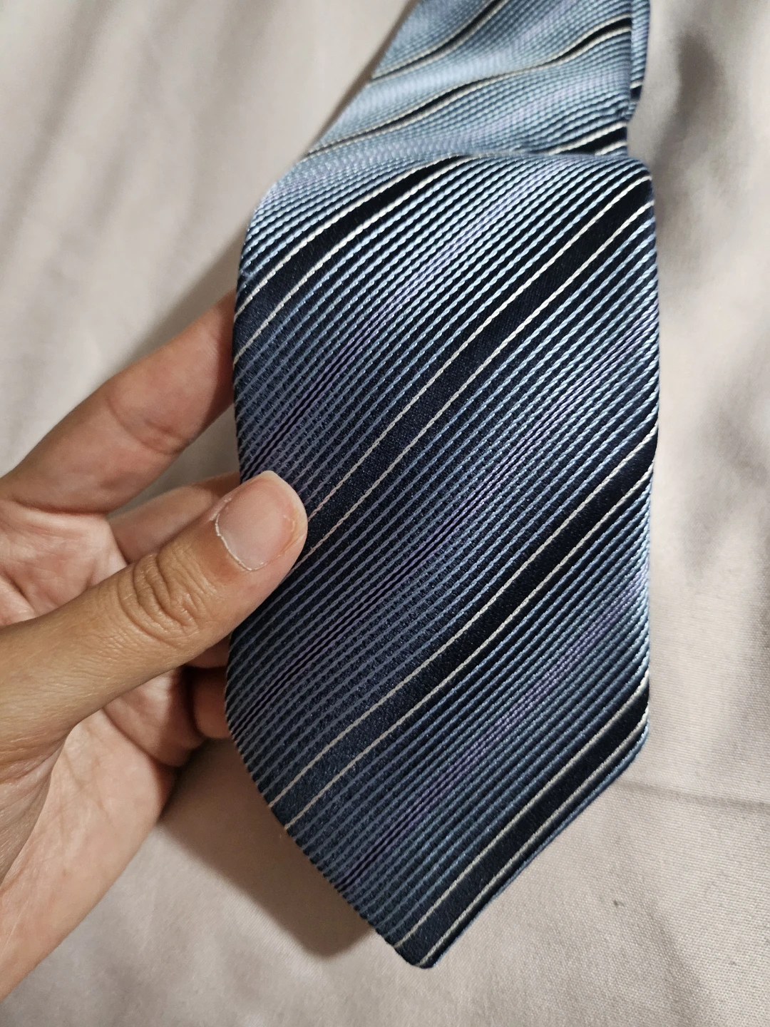 Designer Silk Necktie - Blue & Silver Striped Business Formal - photo 3