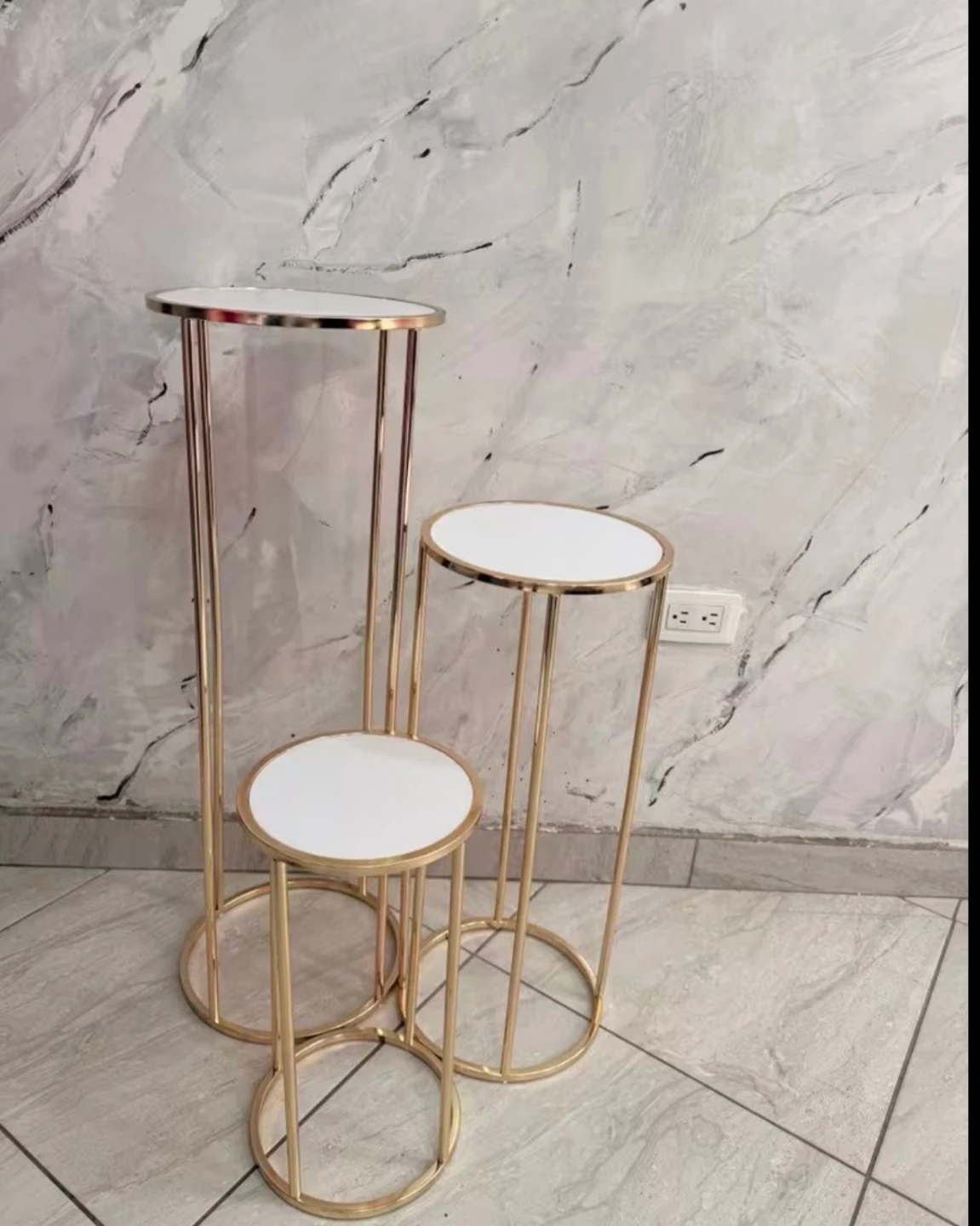 2 Sets of 3 Gold Cylinder Plinths / Pedestal Stands