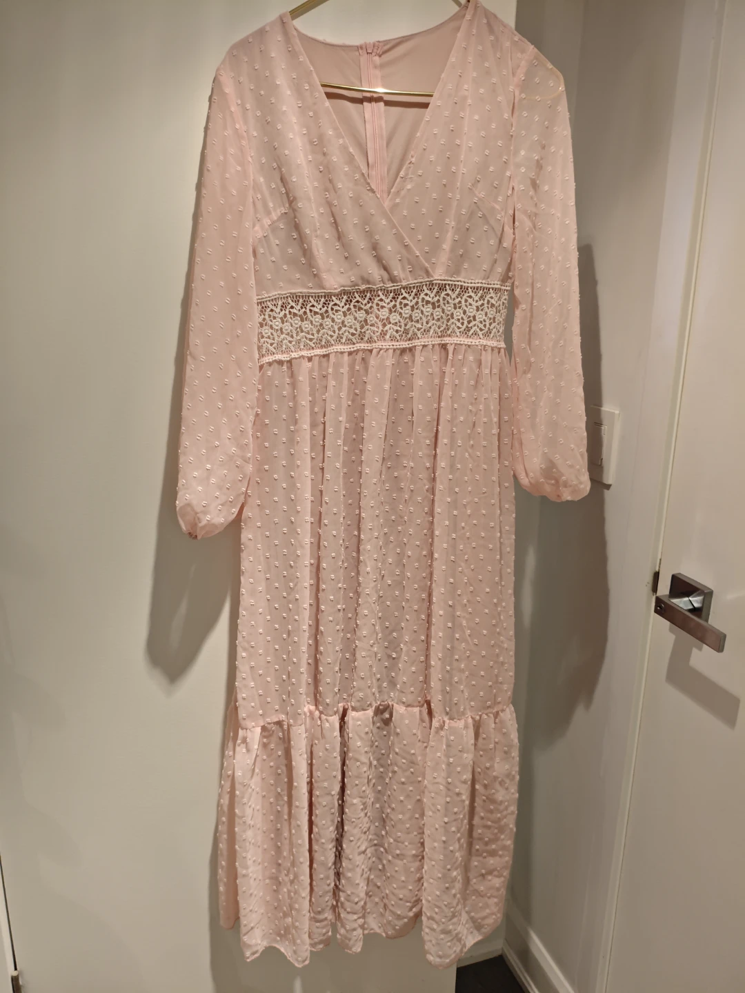 Pink Chiffon Swiss Dot Dress with Lace Waist