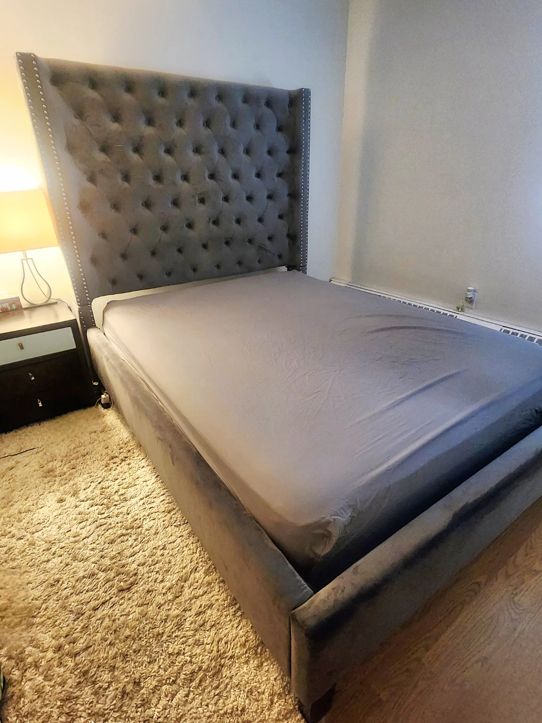 Grey Velvet Tufted Wingback  Queen size Bed Frame and mattress