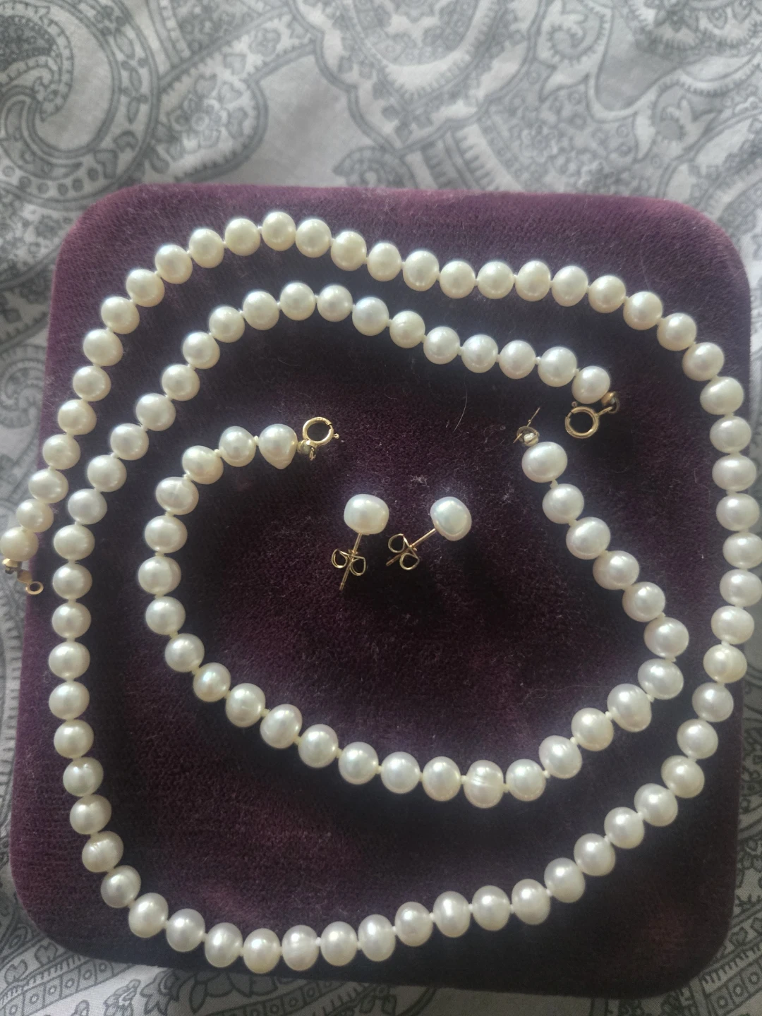 Pearl Necklace and Earrings Set 14 k