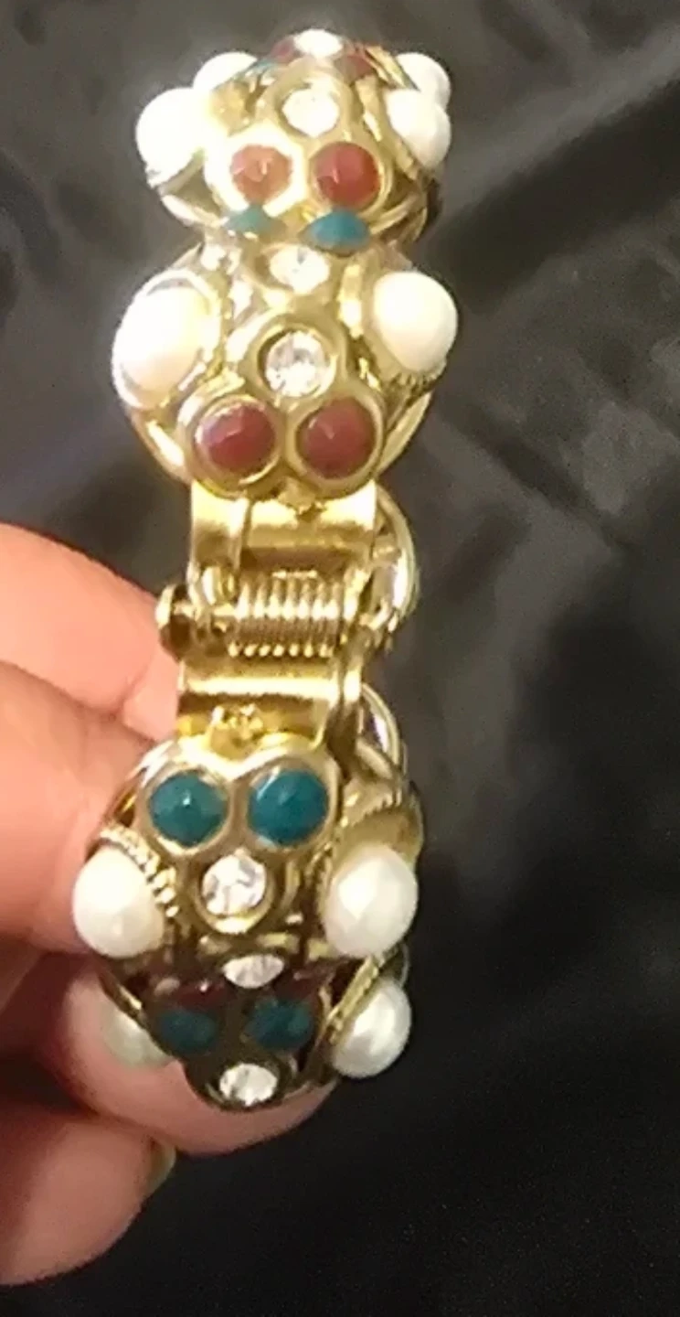 Gold-tone  Bangle Bracelet with Faux Pearls and Enamel Accents - photo 2