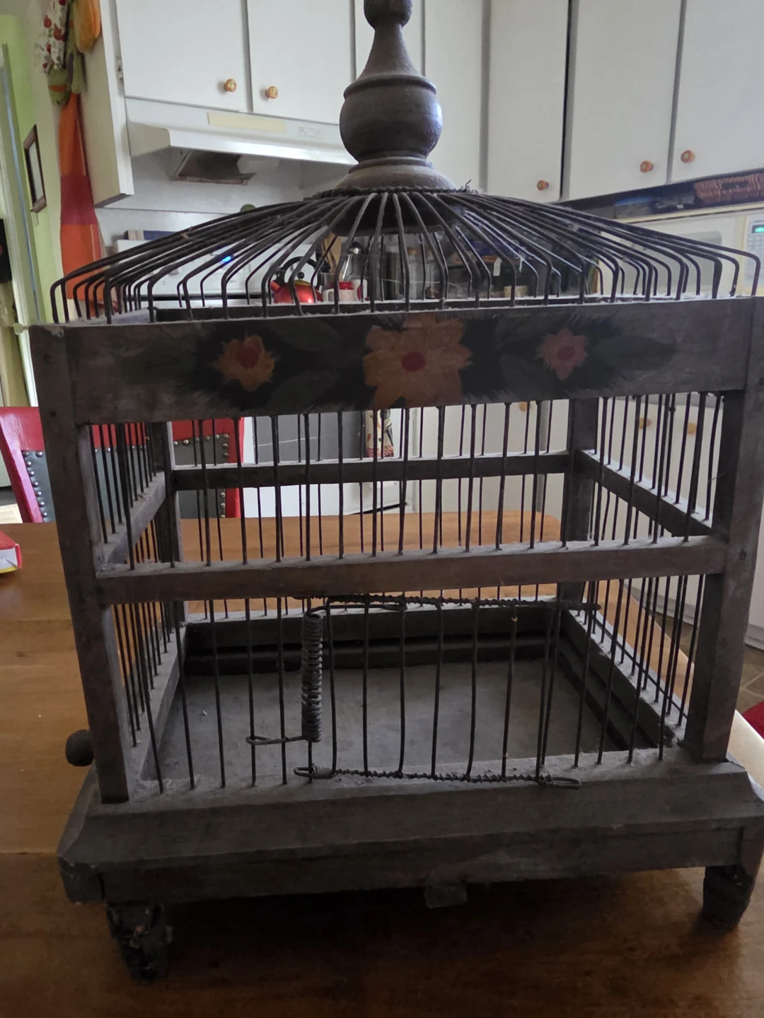 Vintage Wooden Bird Cage with Painted Flowers