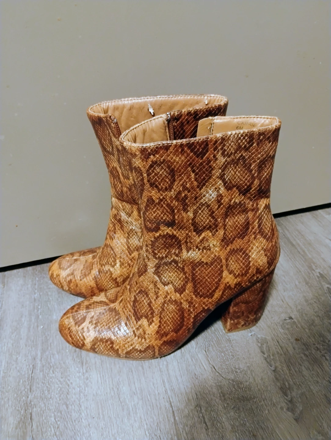 Brown Snake Print Block Heel Ankle Boots