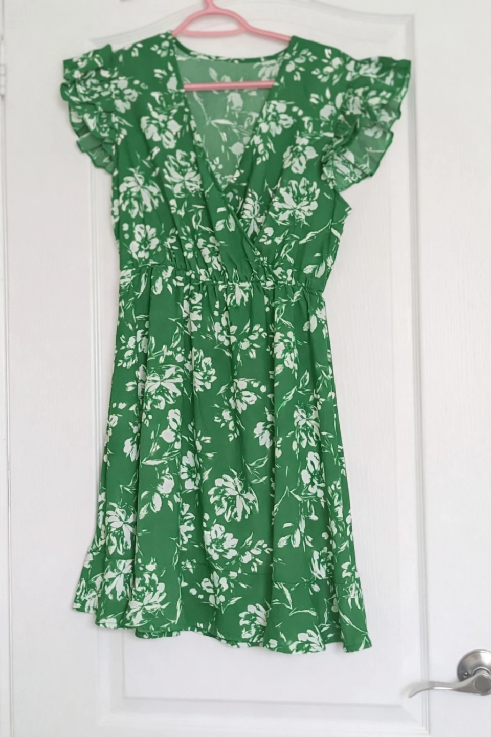 Green floral flutter sleeve wrap dress