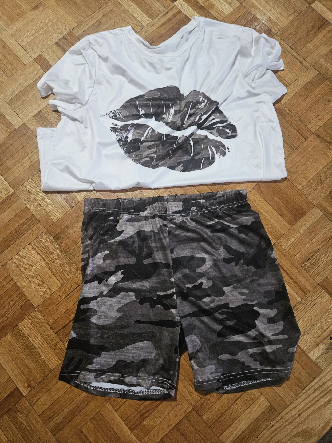 White T-shirt with Lips graphic and Camo Shorts Set