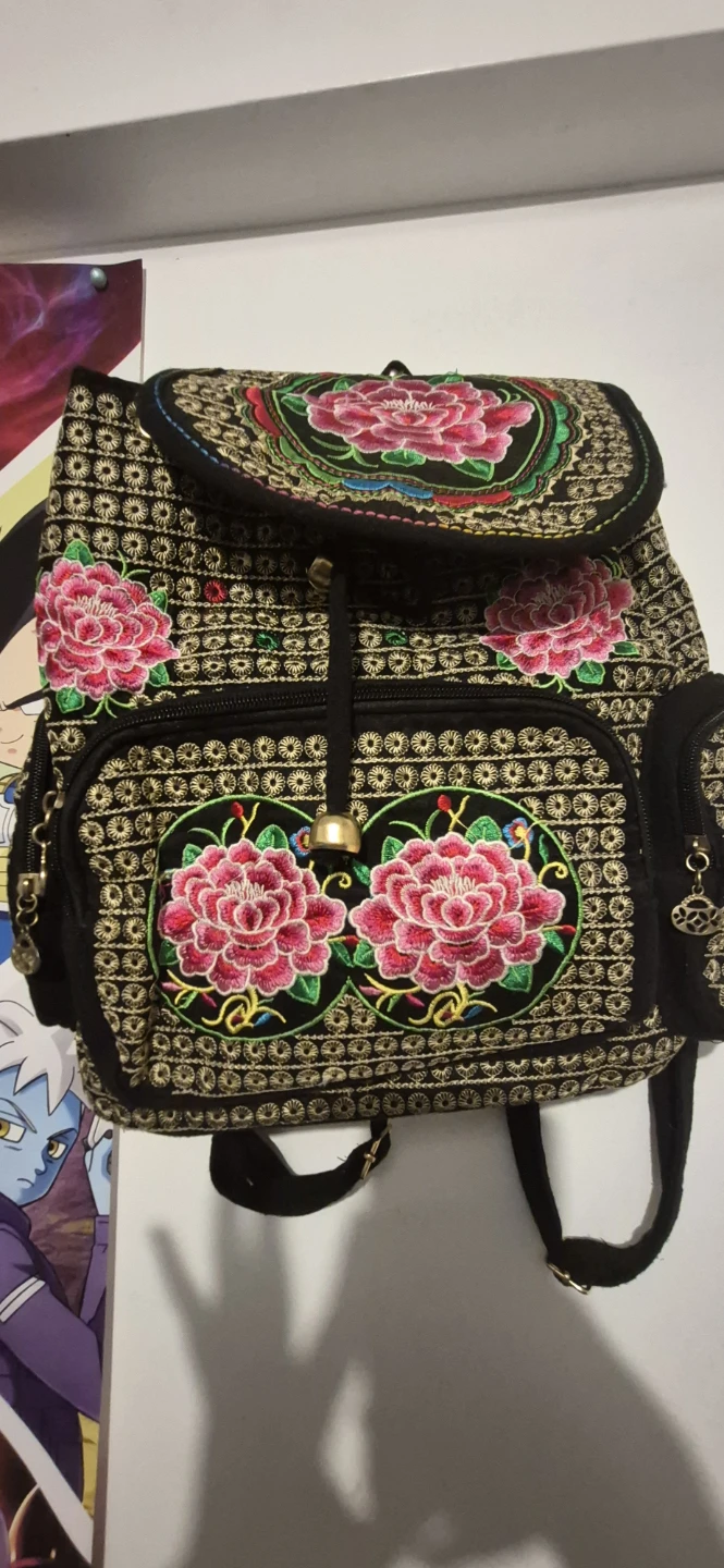 Black Backpack with Embroidered Flowers