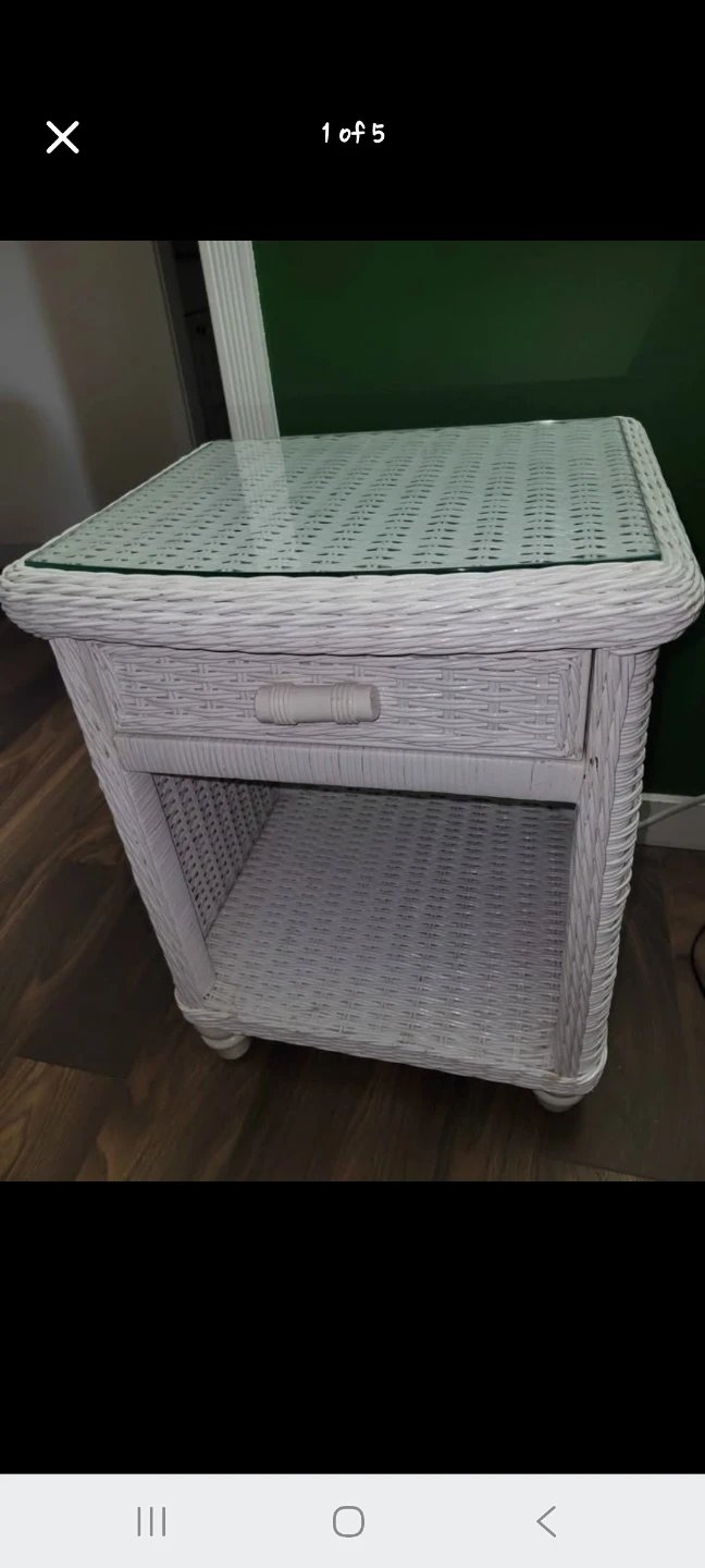 White Wicker Side Table with Glass Top