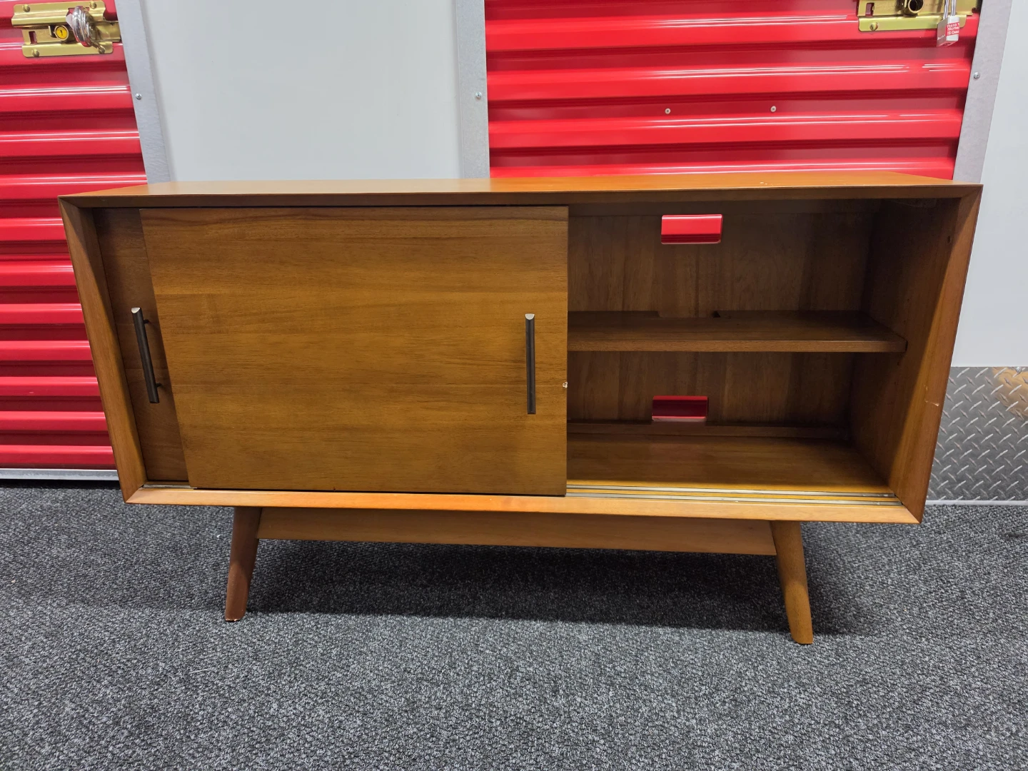 Mid-Century Modern Wood TV Stand with Sliding Door - photo 2