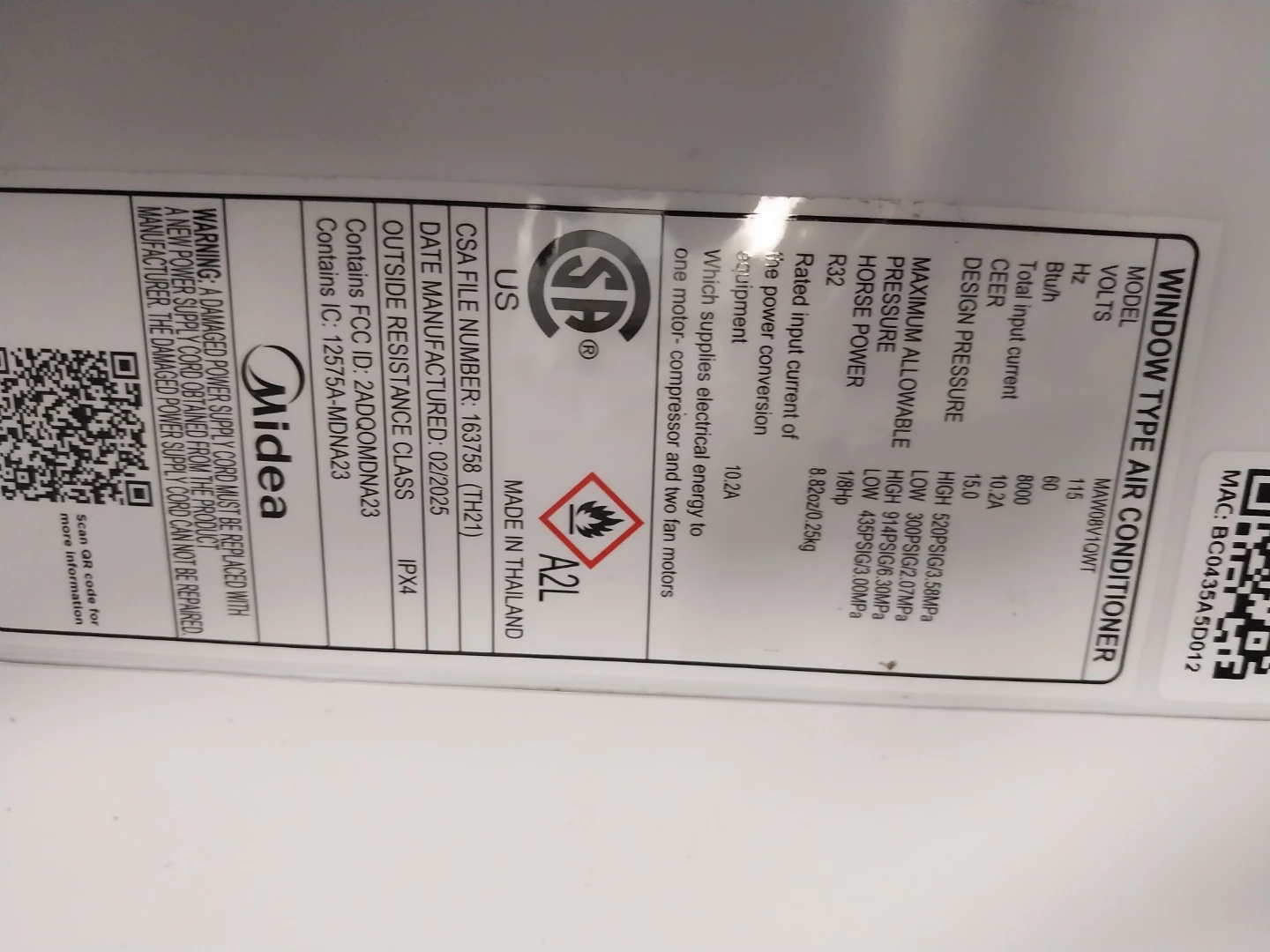 Midea Window Type Air Conditioner MAW08V1QWT
