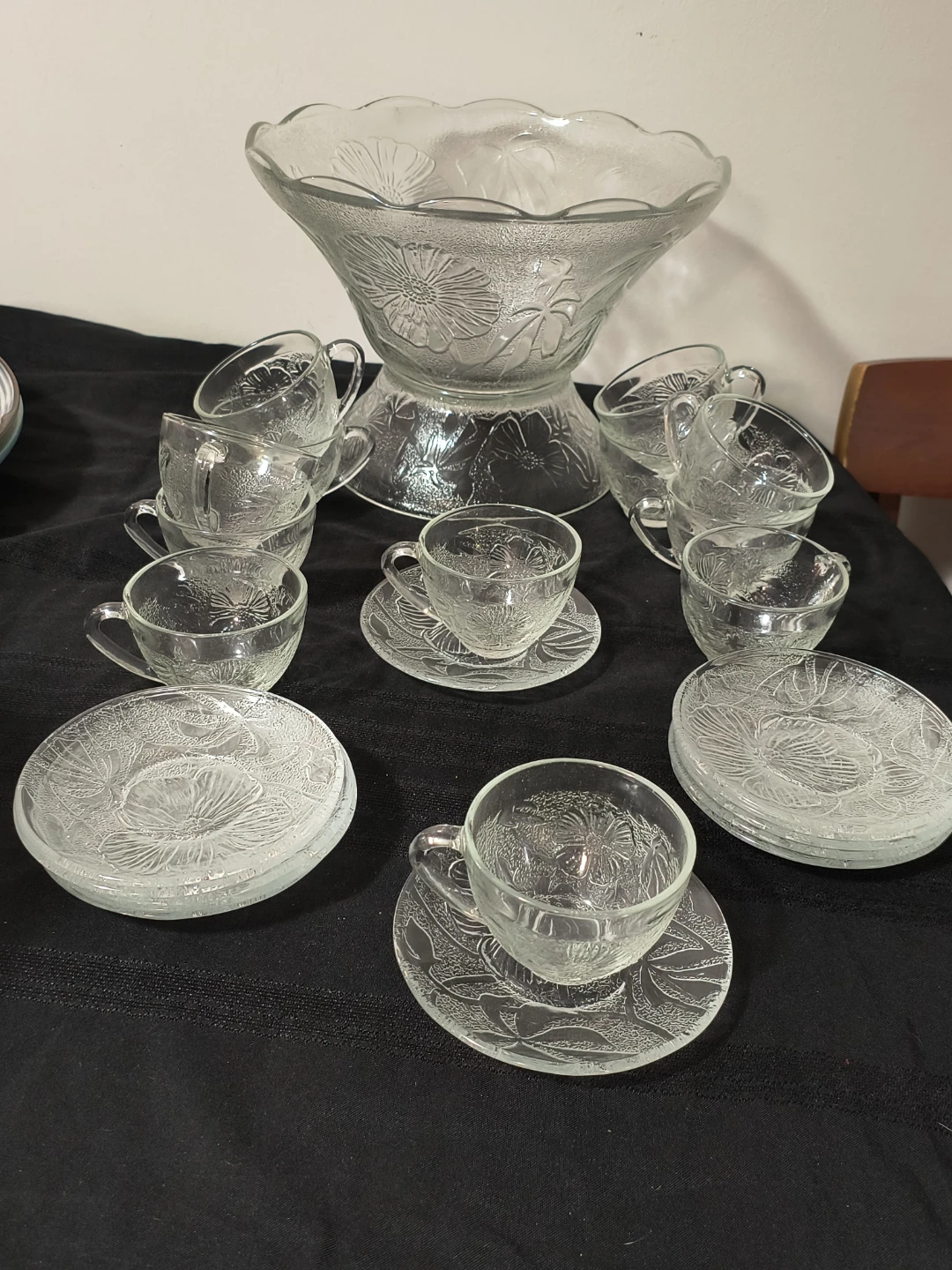 Clear Glass Punch Bowl and Cups Set with Floral Etching - photo 4