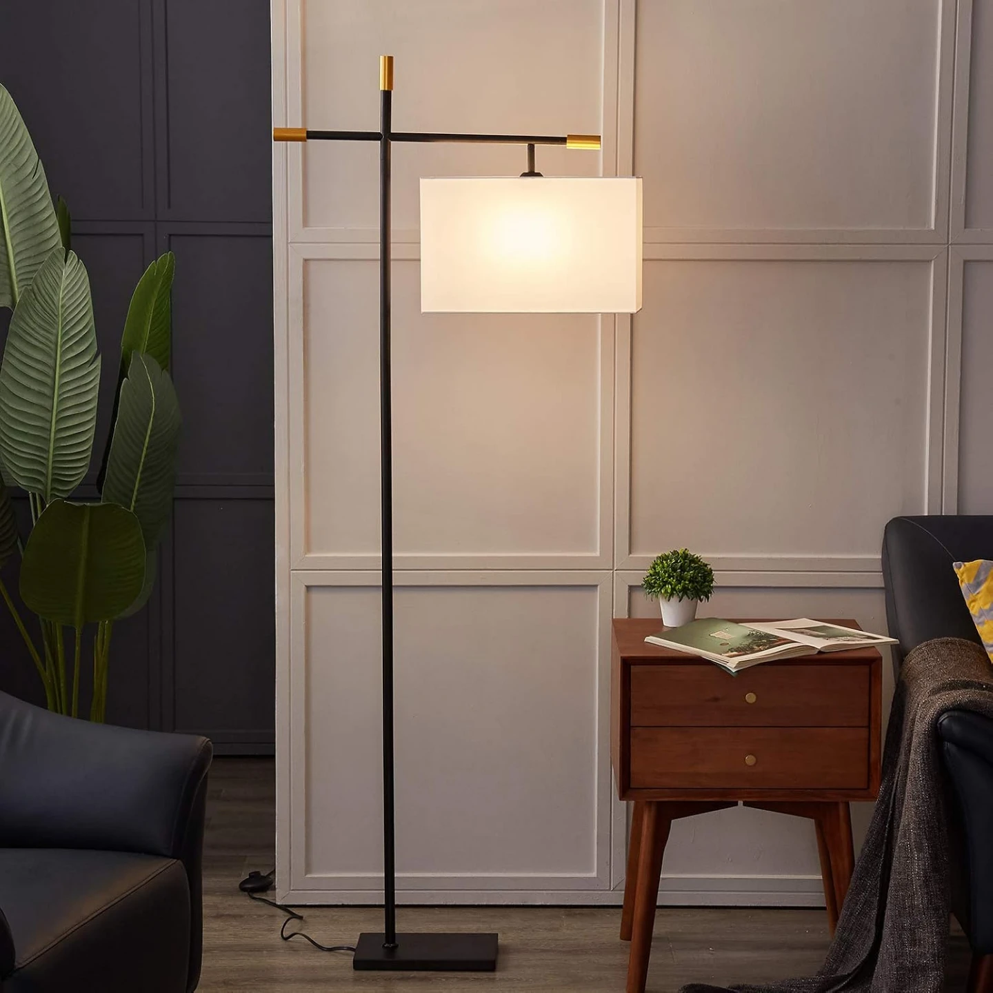 Modern Black & Gold Floor Lamp with White Fabric Shade