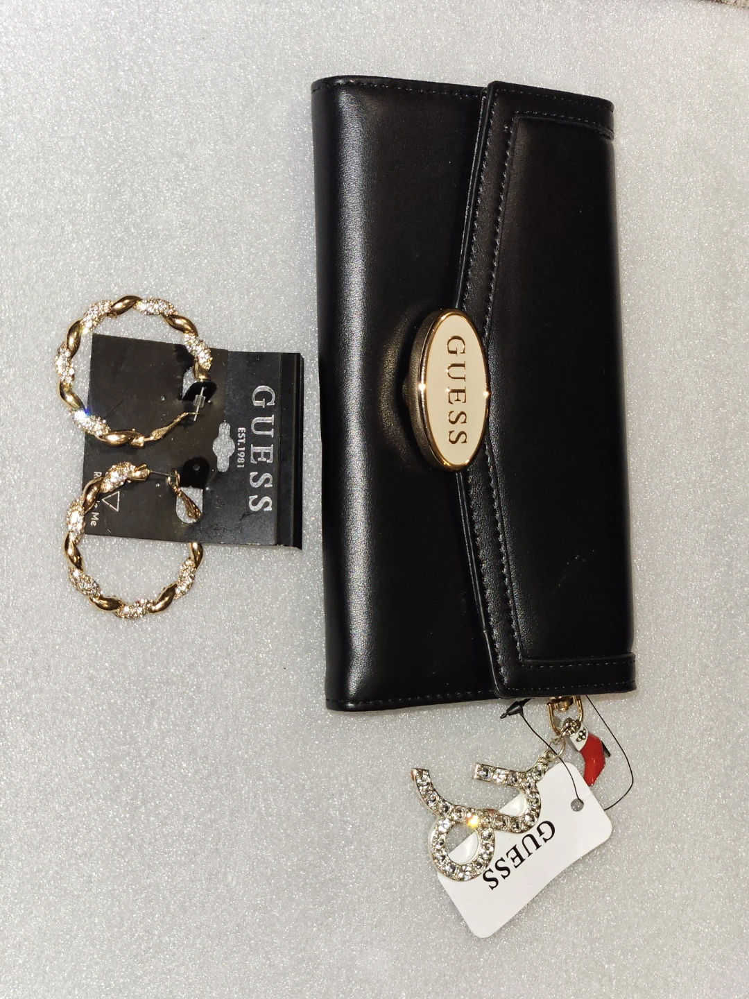 Guess Hoop Earrings and Black Wallet Set