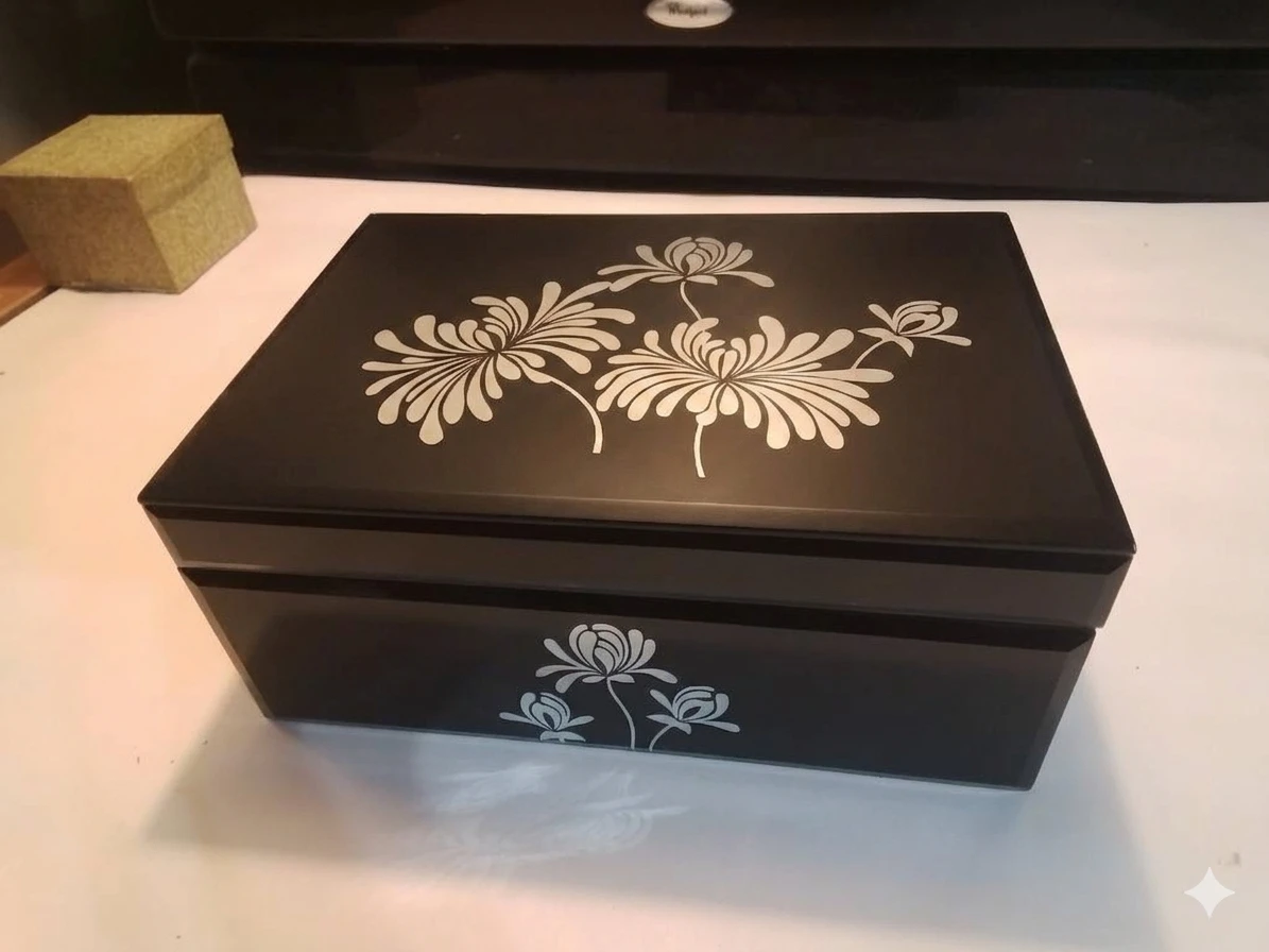 Vintage Art Deco Black Glass Floral Jewelry Box