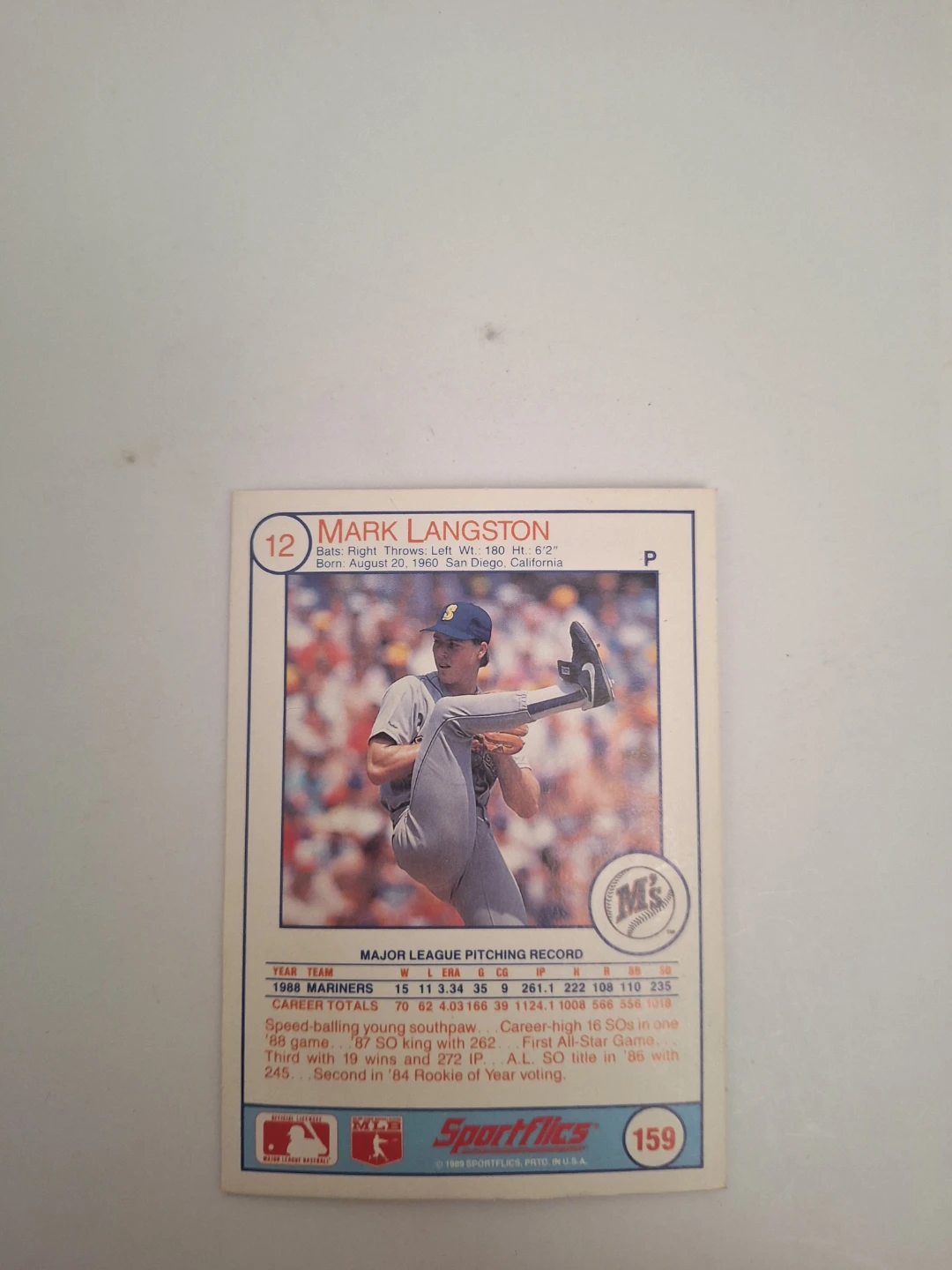 1989 Score Mark Langston Baseball Card - photo 2