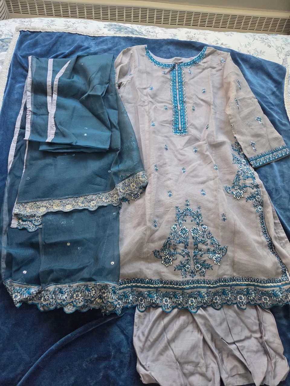 3-Piece Grey & Teal Embroidered Suit with Dupatta
