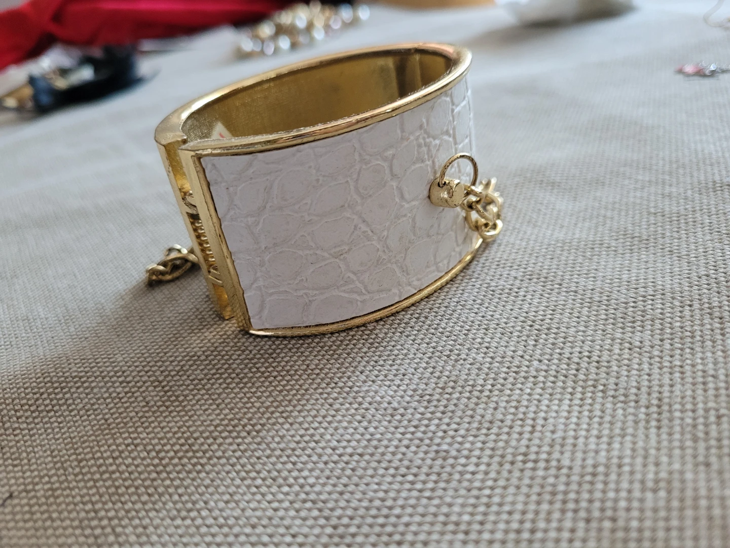 White Faux Croc Cuff Bracelet with Gold Chain