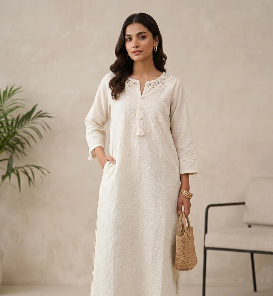 J. Pret White Embroidered Kurti and Pants - Pakistani Set