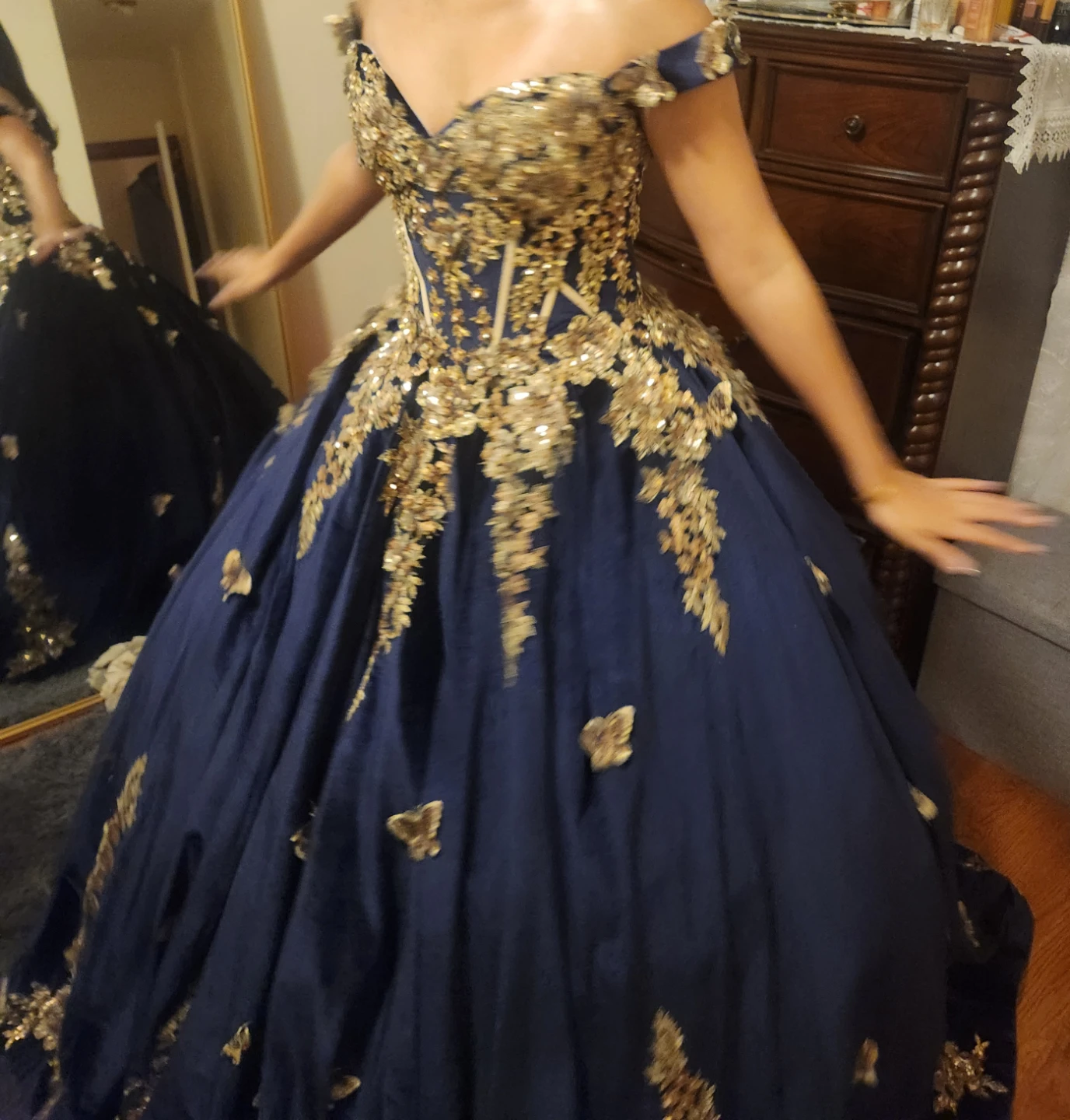 Navy Blue Ball Gown with Gold Embellishments