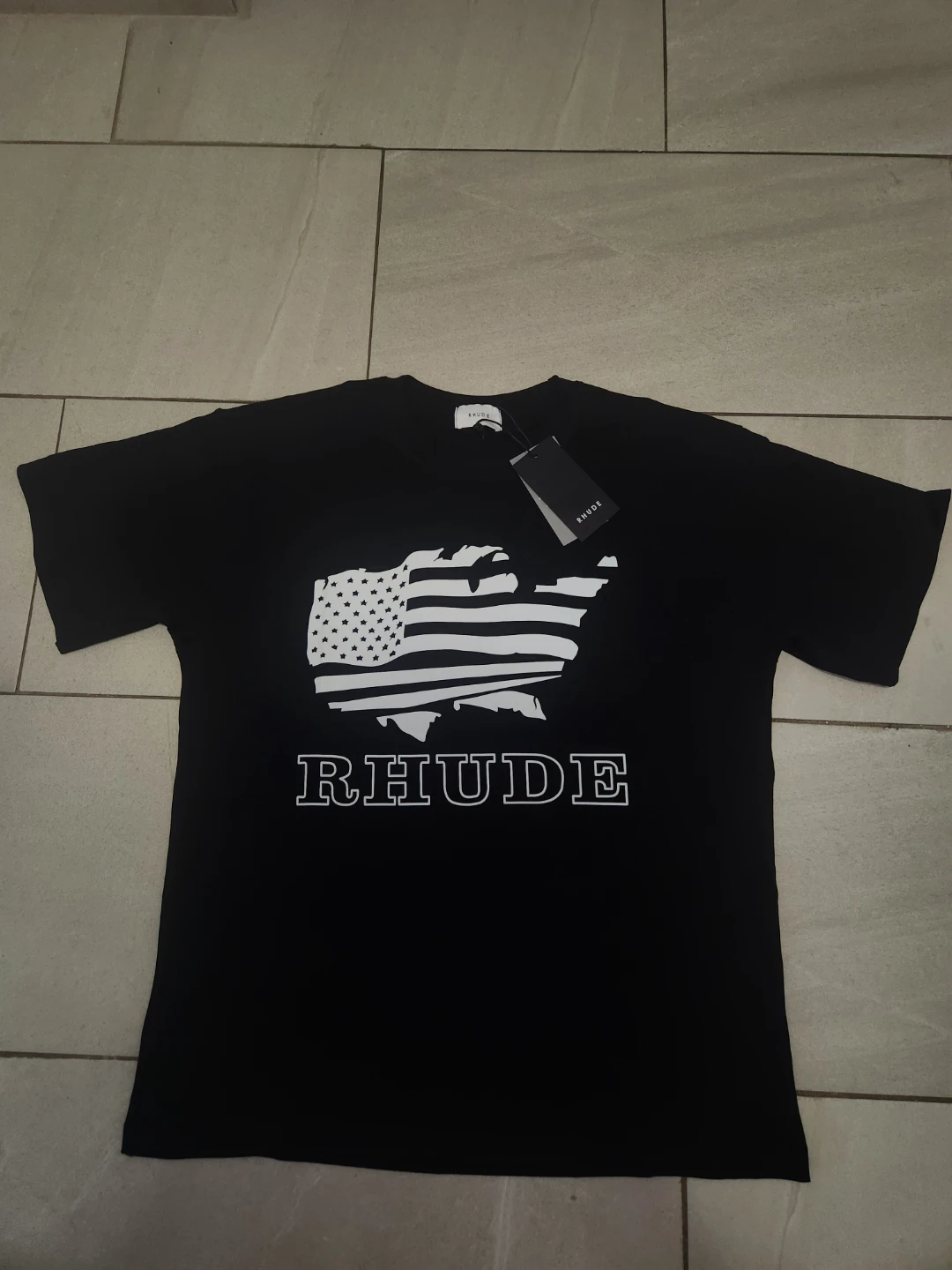 RHUDE Black T-Shirt with US Flag Graphic - Size S