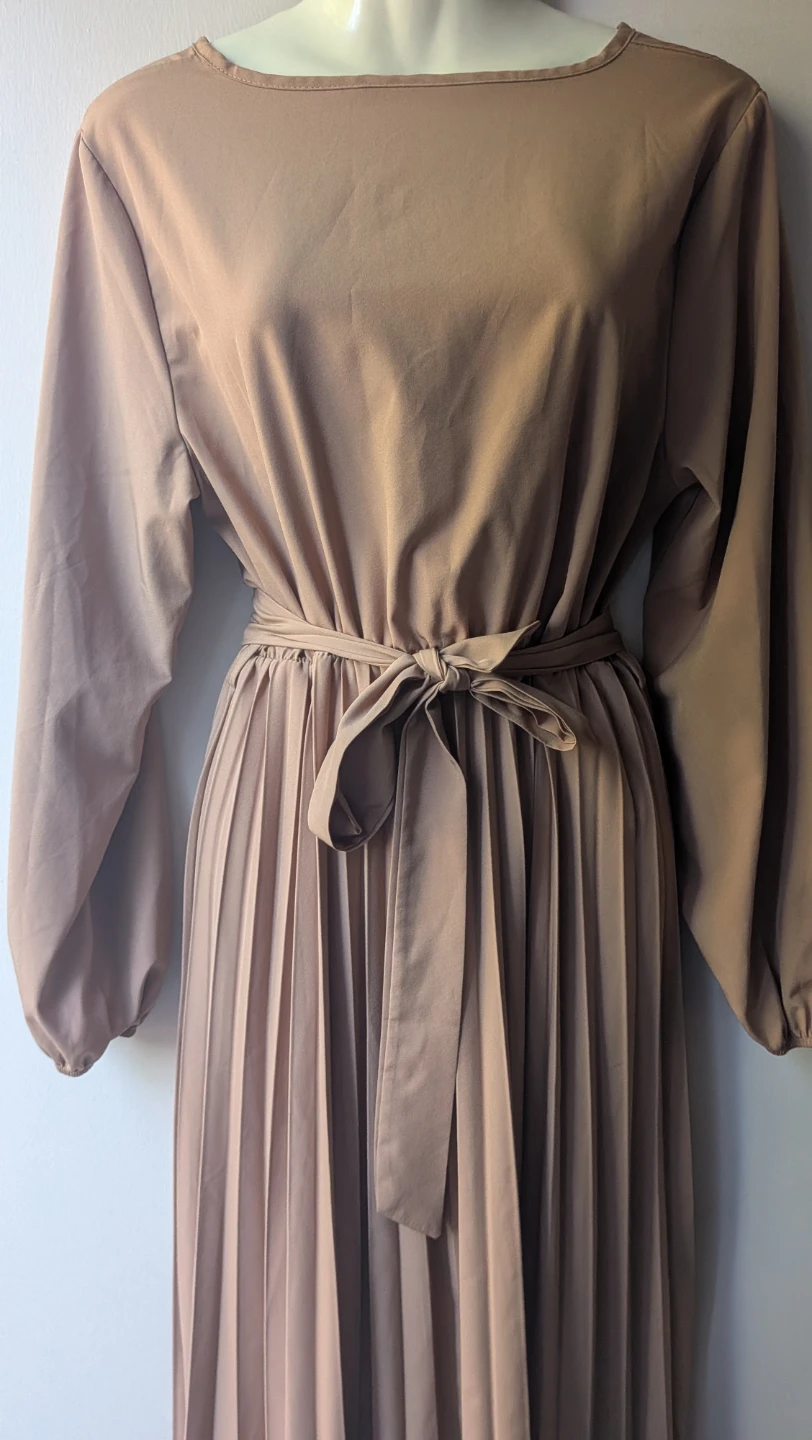 Tan Pleated Midi Dress with Belt sz MEDIUM - photo 3