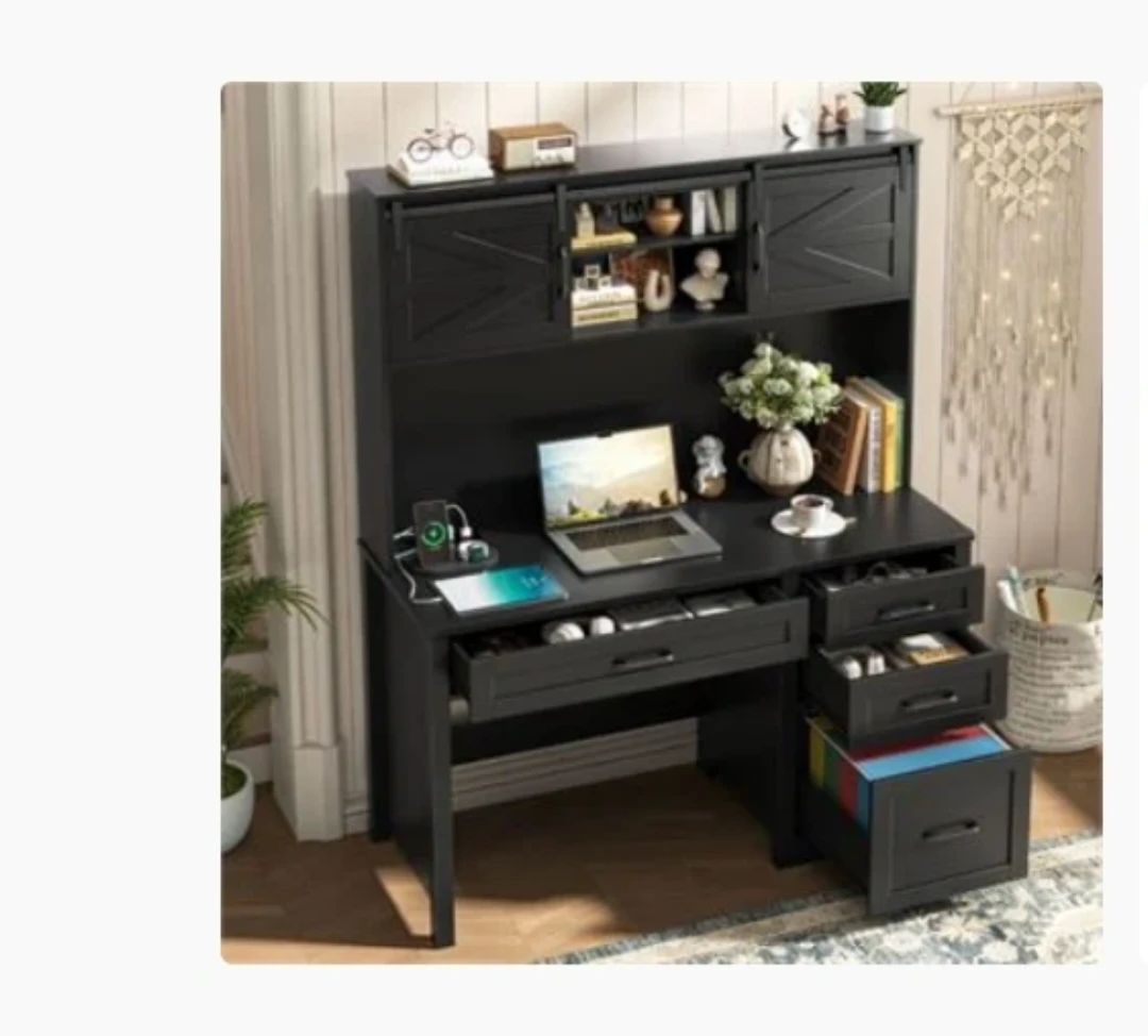 Gracie Oaks Farmhouse Executive Desk With Hutch & 4 Drawers