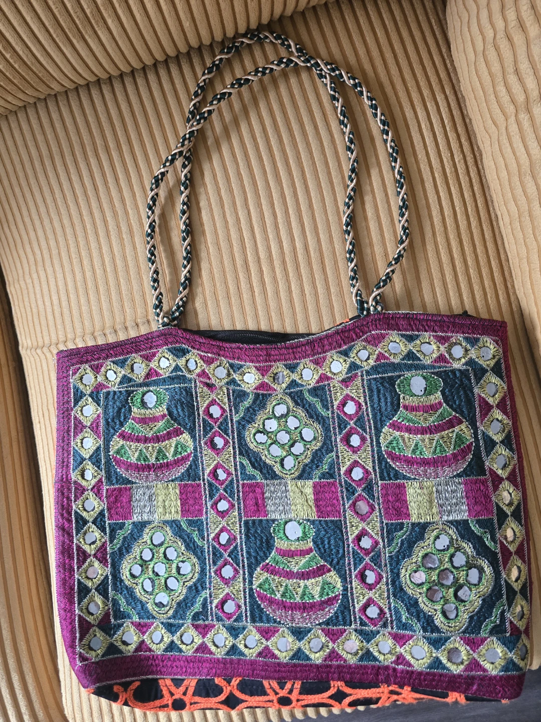 Embroidered Tote Bag with Mirror Accents