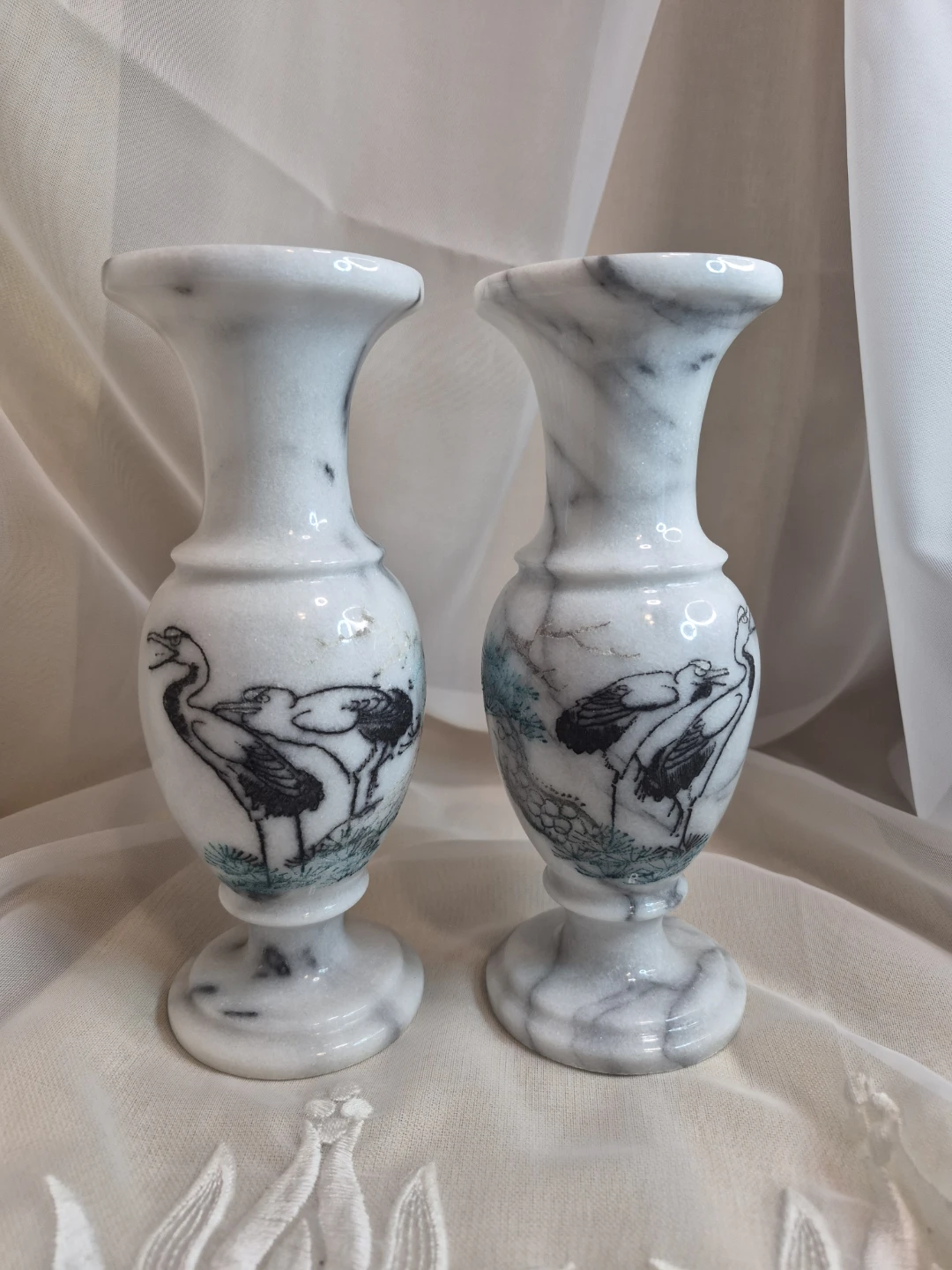 Pair of Vintage 8" Tall White Marble Stone Vases..