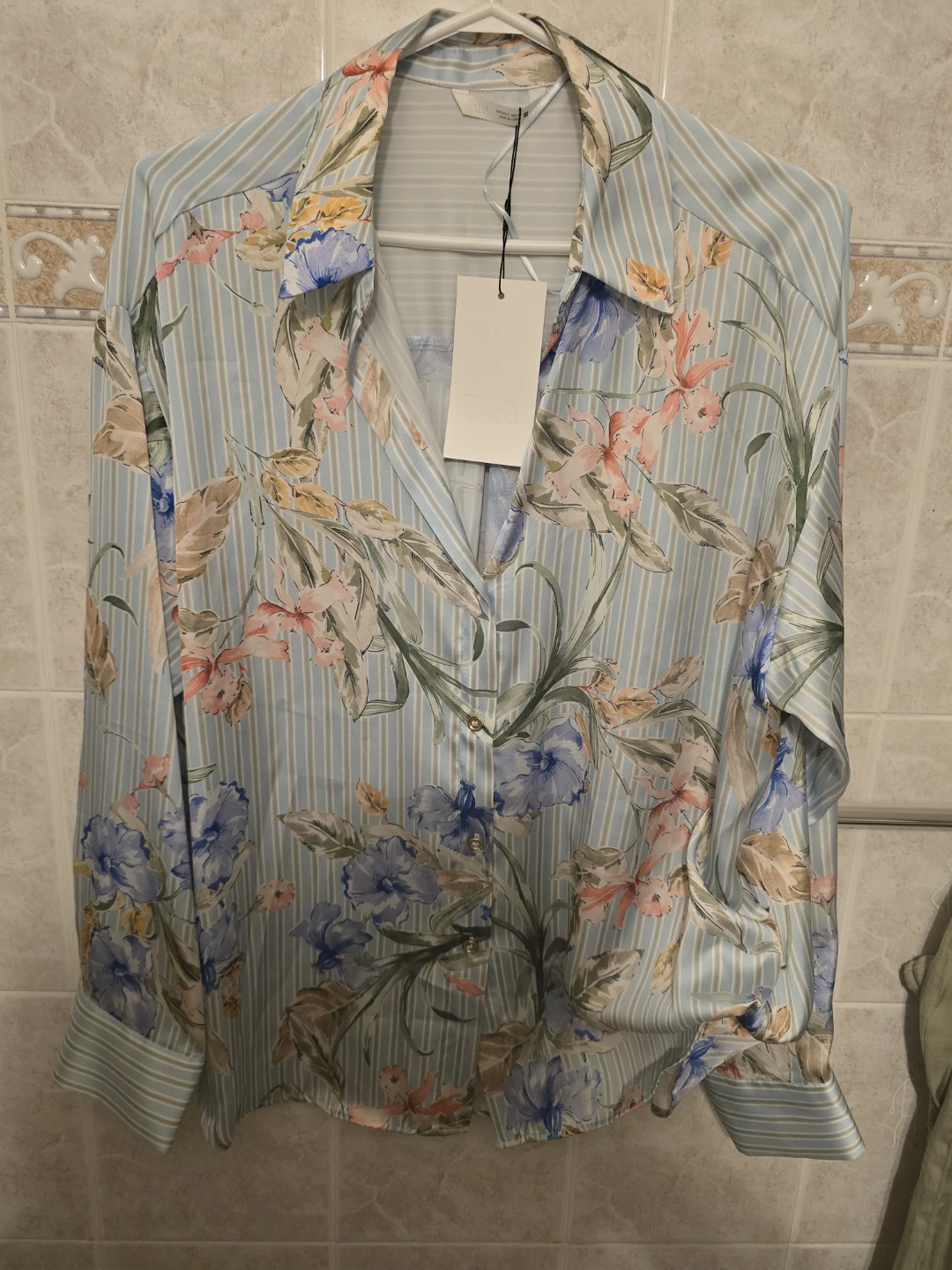 ZARA Women's Floral Striped Button-Up Shirt - Size L