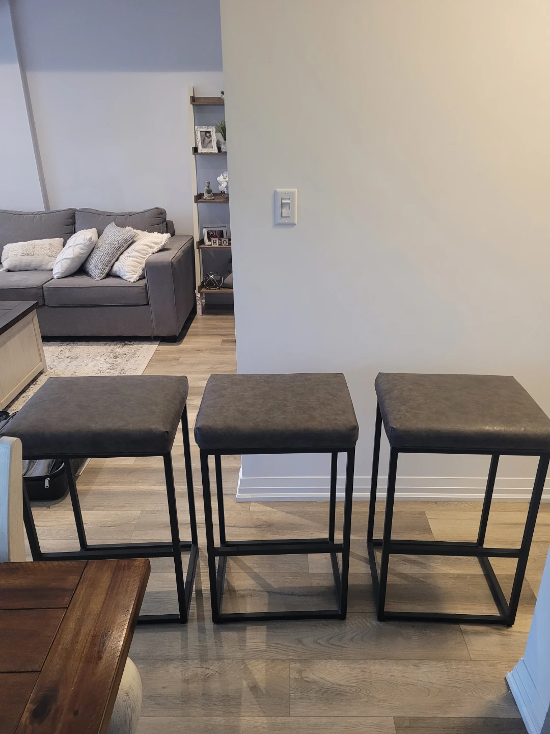 Set of 3 Grey Suede Leather Bar Stools