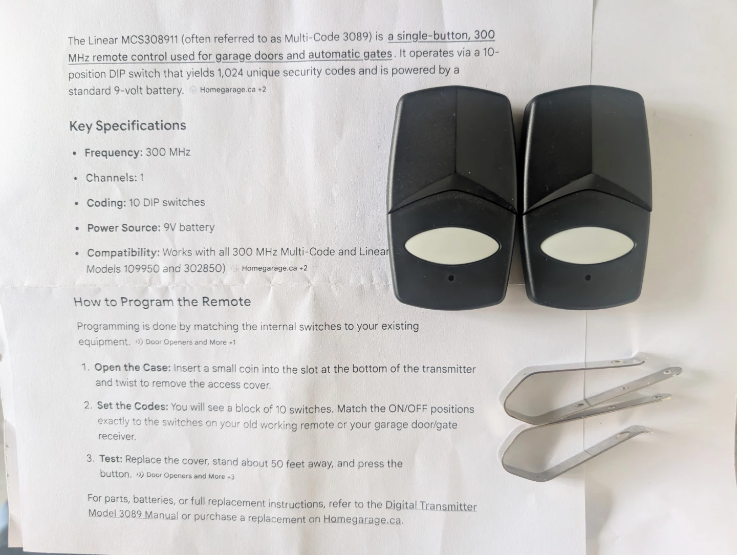 Pair of Linear MCS308911 Garage Door/Gate Remotes