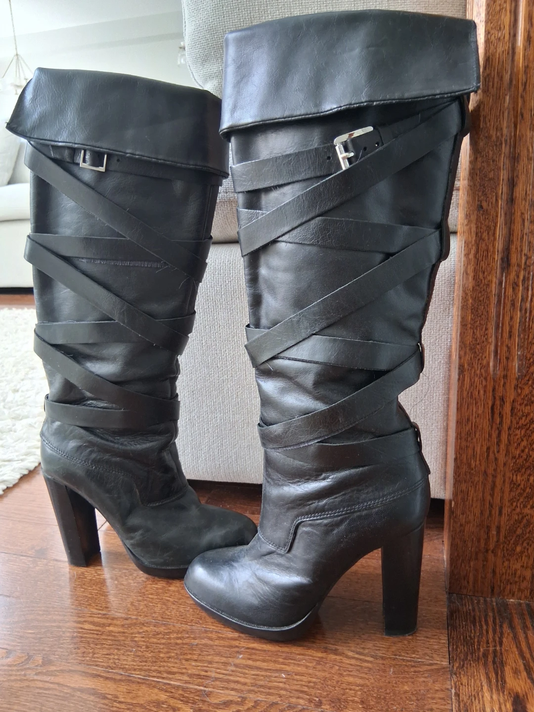 Michael Kols Black Knee-High Strappy Heel Boots - photo 5
