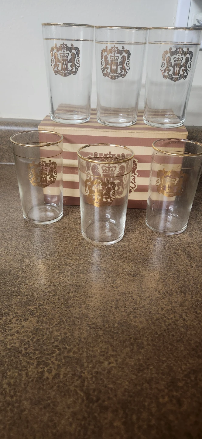 Vintage Glass Tumblers and Pitcher Set with Gold Trim