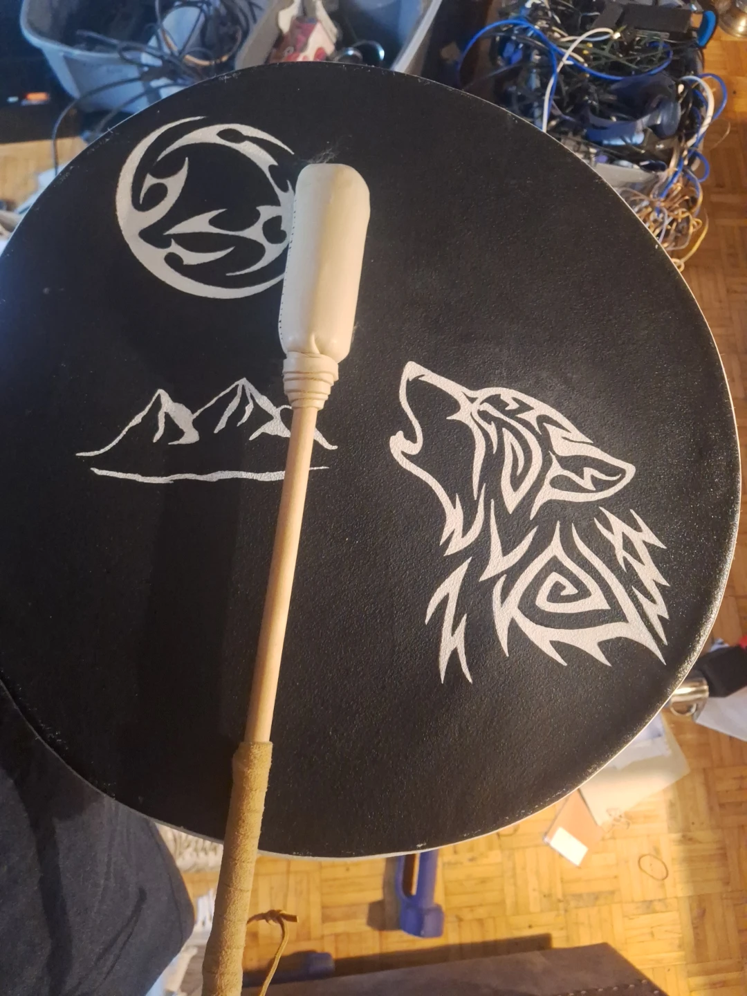 Hand Drum with Wolf Design and Mallet - photo 2