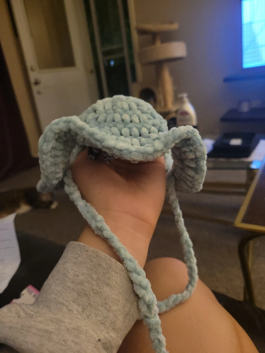 Handmade light blue crochet cat hat - photo 3