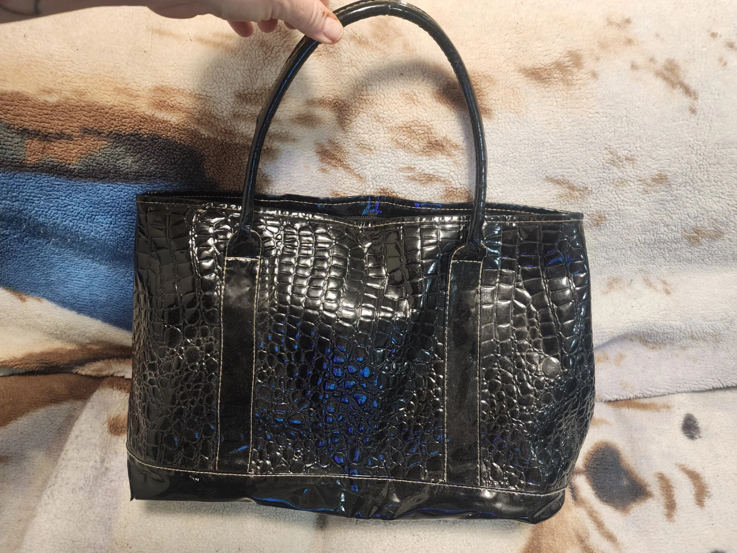 Black Faux Croc Shoulder Bag